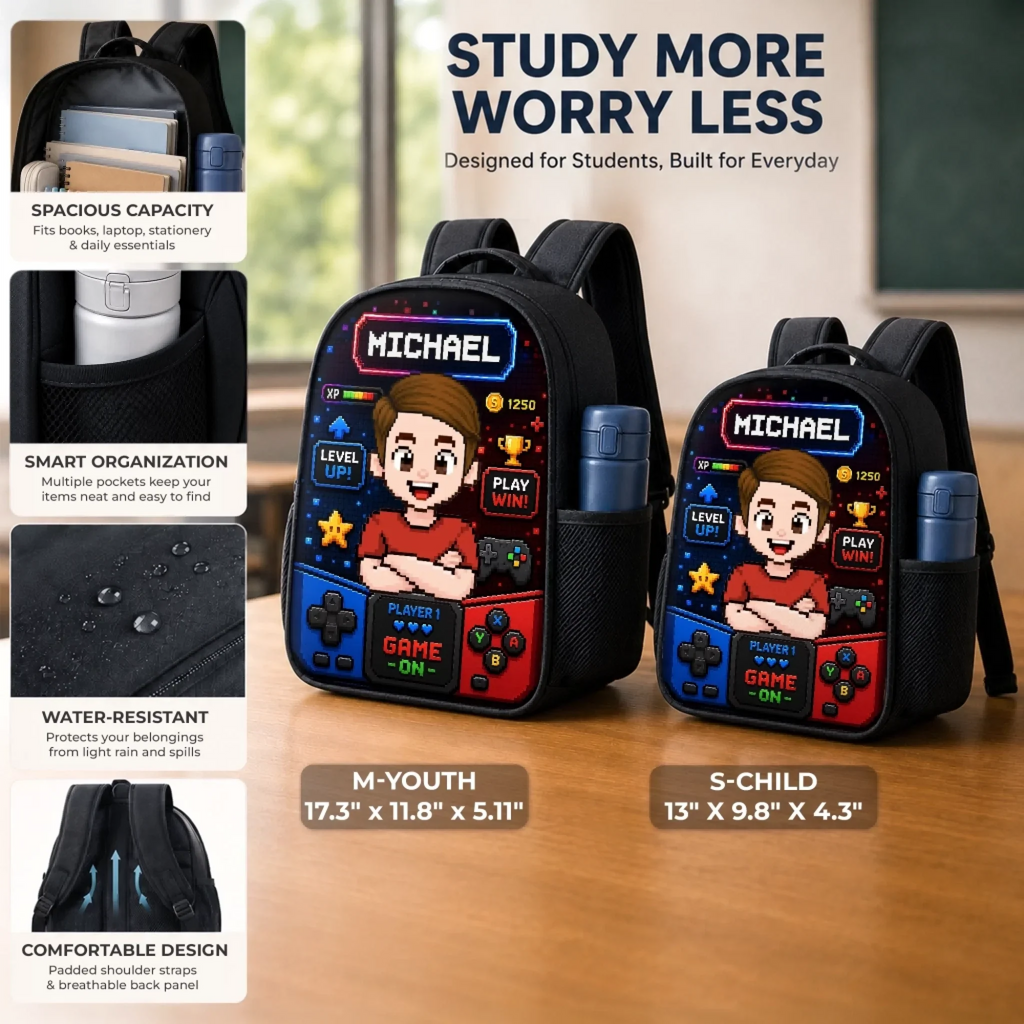 Custom Kids Front Printed Backpack - Personalized Back To School Gifts For Kids - School Mode Game On