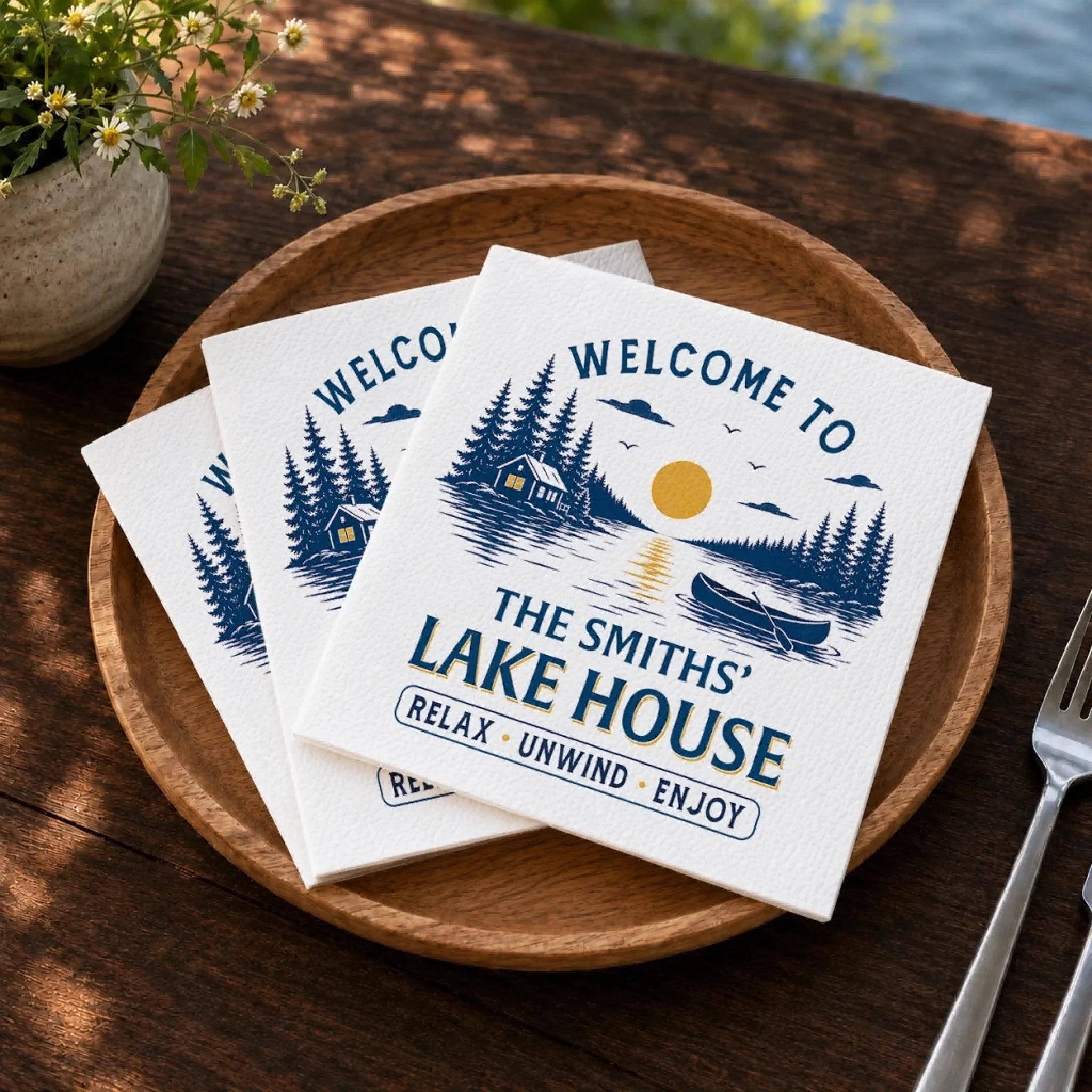 Custom Cocktail Napkins - Personalized Party Favor Gifts For Guests, Adults - Lakeside Memories