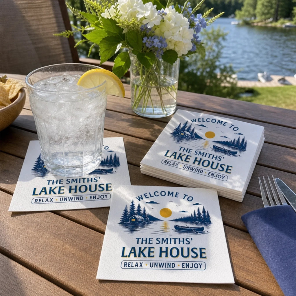 Custom Cocktail Napkins - Personalized Party Favor Gifts For Guests, Adults - Lakeside Memories