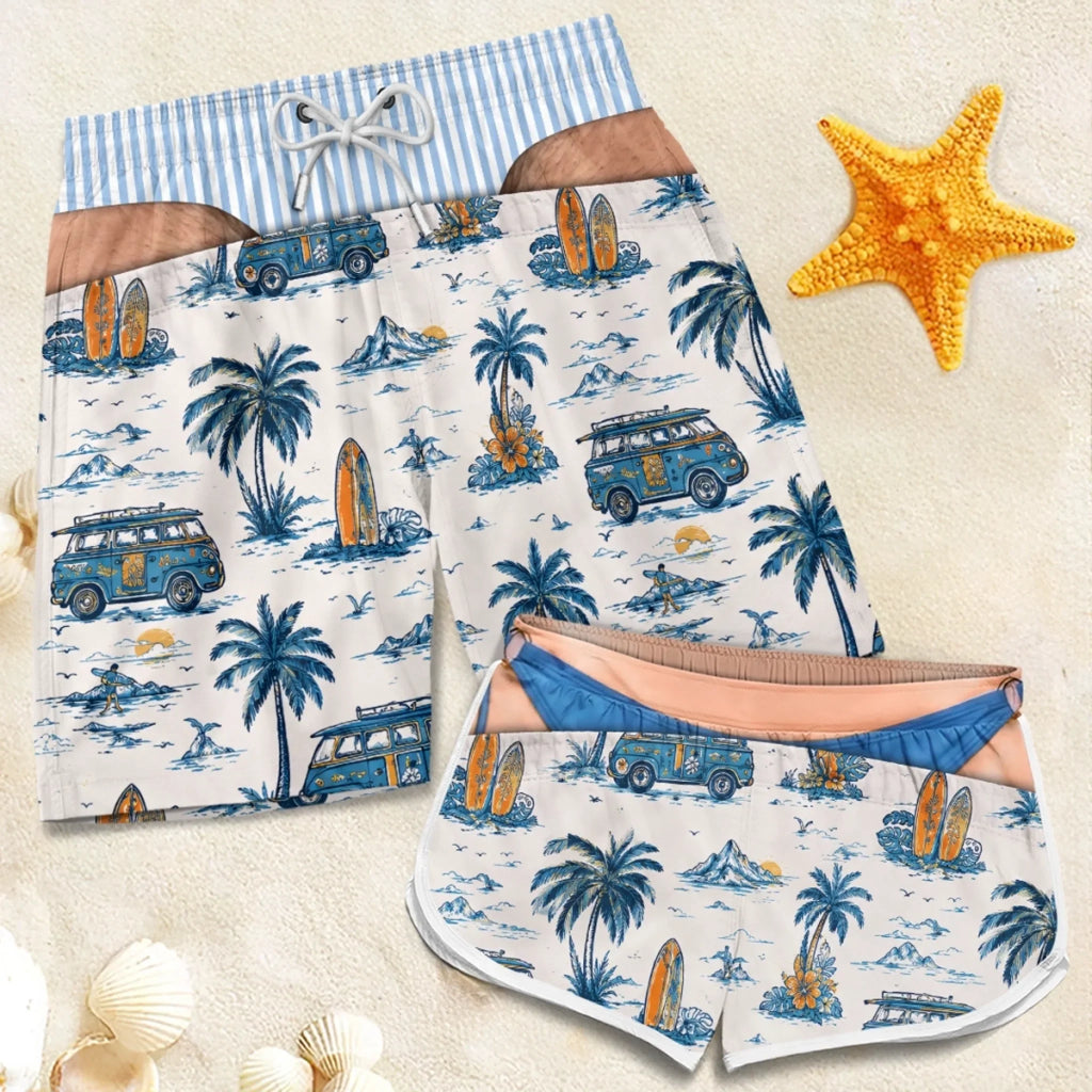 Custom Funny Patriotic Couple Beach Shorts - Personalized Summer Vacation And Travel Gifts For Husband And Wife, Him And Her - Chill Out At Poolside Paradise
