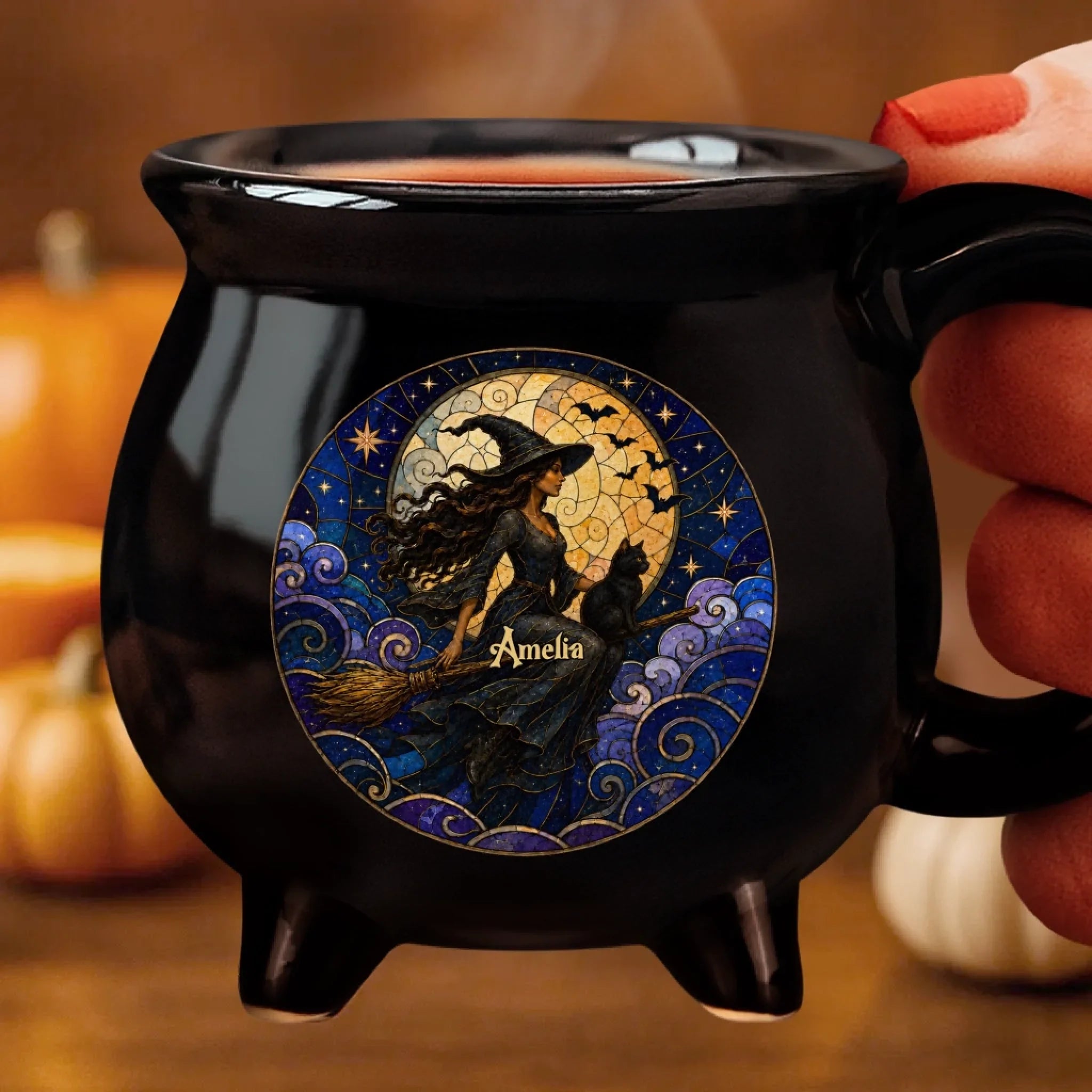 Custom 12oz Ceramic Cauldron Coffee Mug - Personalized Halloween Witchy Gifts For Wife, Daughter, Besties, Sisters, Granddaughter, Grandma, Mom, Yourself - Flying High In The Midnight Sky