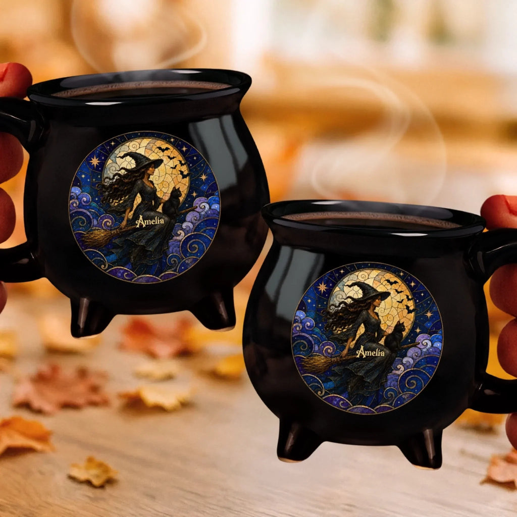 Custom 12oz Ceramic Cauldron Coffee Mug - Personalized Halloween Witchy Gifts For Wife, Daughter, Besties, Sisters, Granddaughter, Grandma, Mom, Yourself - Flying High In The Midnight Sky