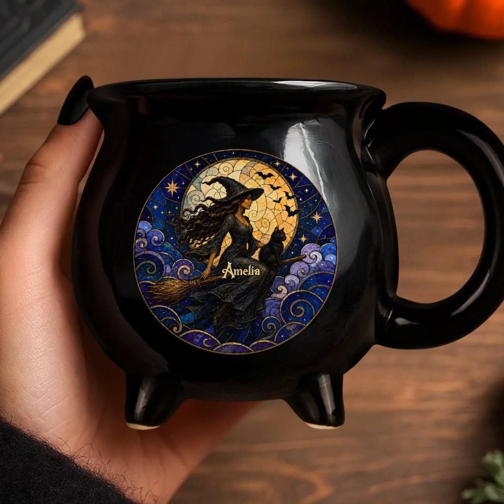 Custom 12oz Ceramic Cauldron Coffee Mug - Personalized Halloween Witchy Gifts For Wife, Daughter, Besties, Sisters, Granddaughter, Grandma, Mom, Yourself - Flying High In The Midnight Sky