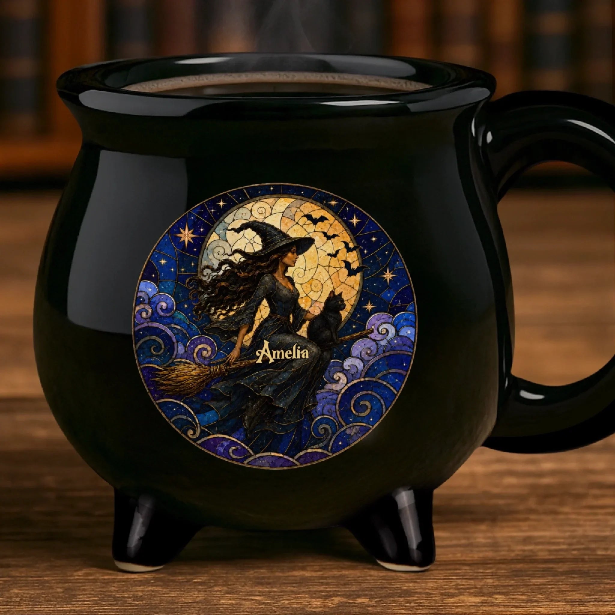 Custom 12oz Ceramic Cauldron Coffee Mug - Personalized Halloween Witchy Gifts For Wife, Daughter, Besties, Sisters, Granddaughter, Grandma, Mom, Yourself - Flying High In The Midnight Sky