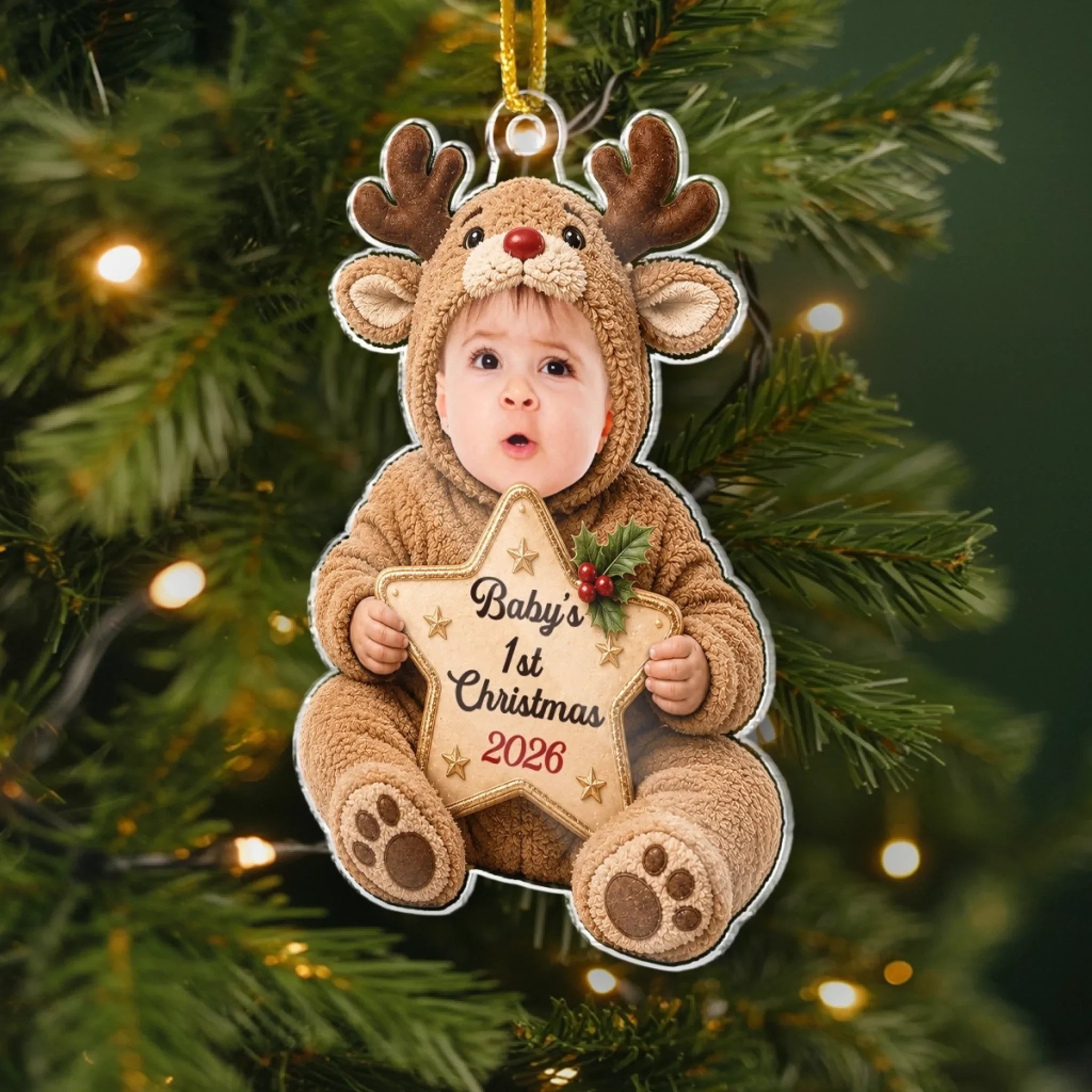 Custom Photo First Christmas Acrylic Ornament - Personalized Christmas Baby Shower, Gender Reveal Gifts For New Moms, New Dads, New Parents - Wrapped In Love On Your First Christmas