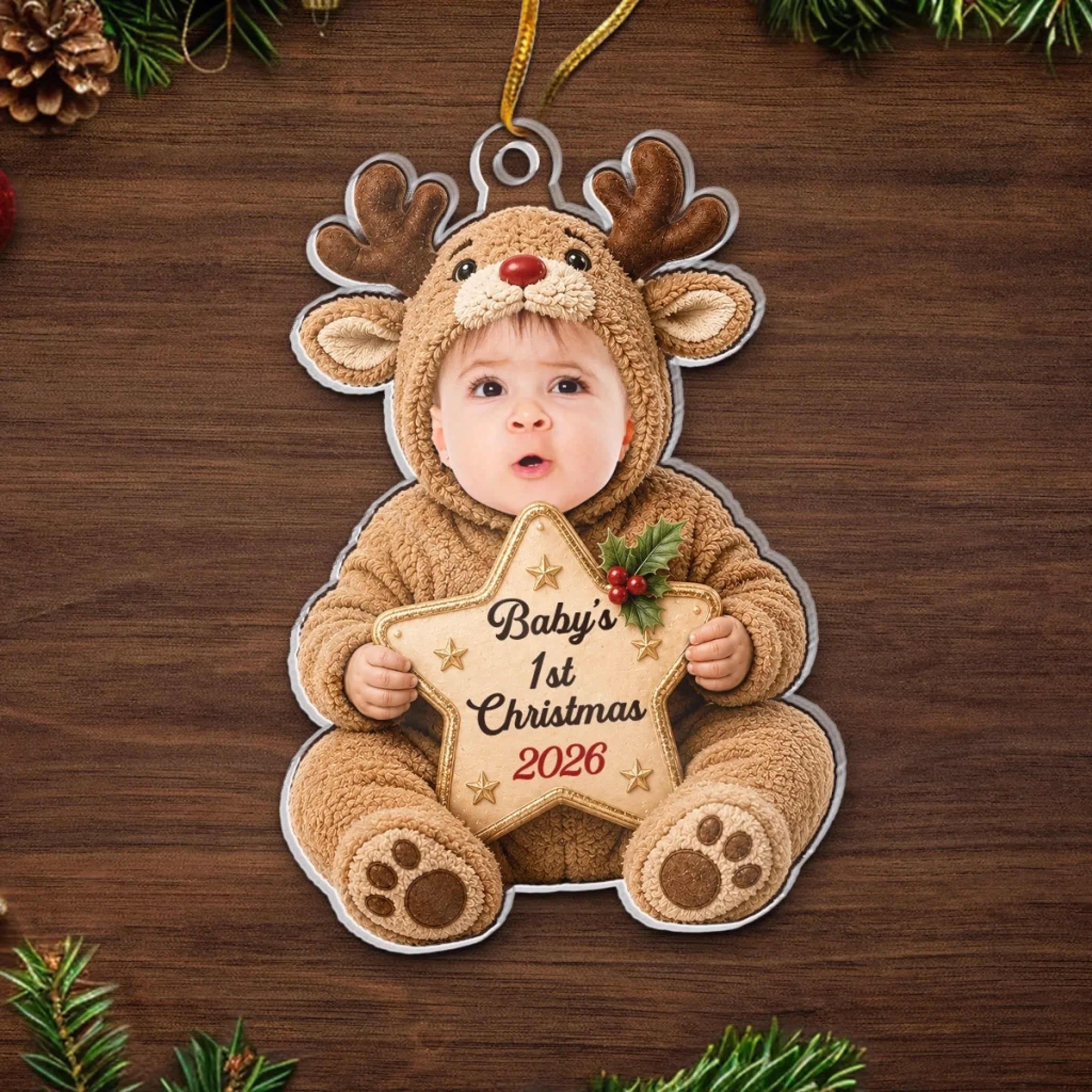 Custom Photo First Christmas Acrylic Ornament - Personalized Christmas Baby Shower, Gender Reveal Gifts For New Moms, New Dads, New Parents - Wrapped In Love On Your First Christmas