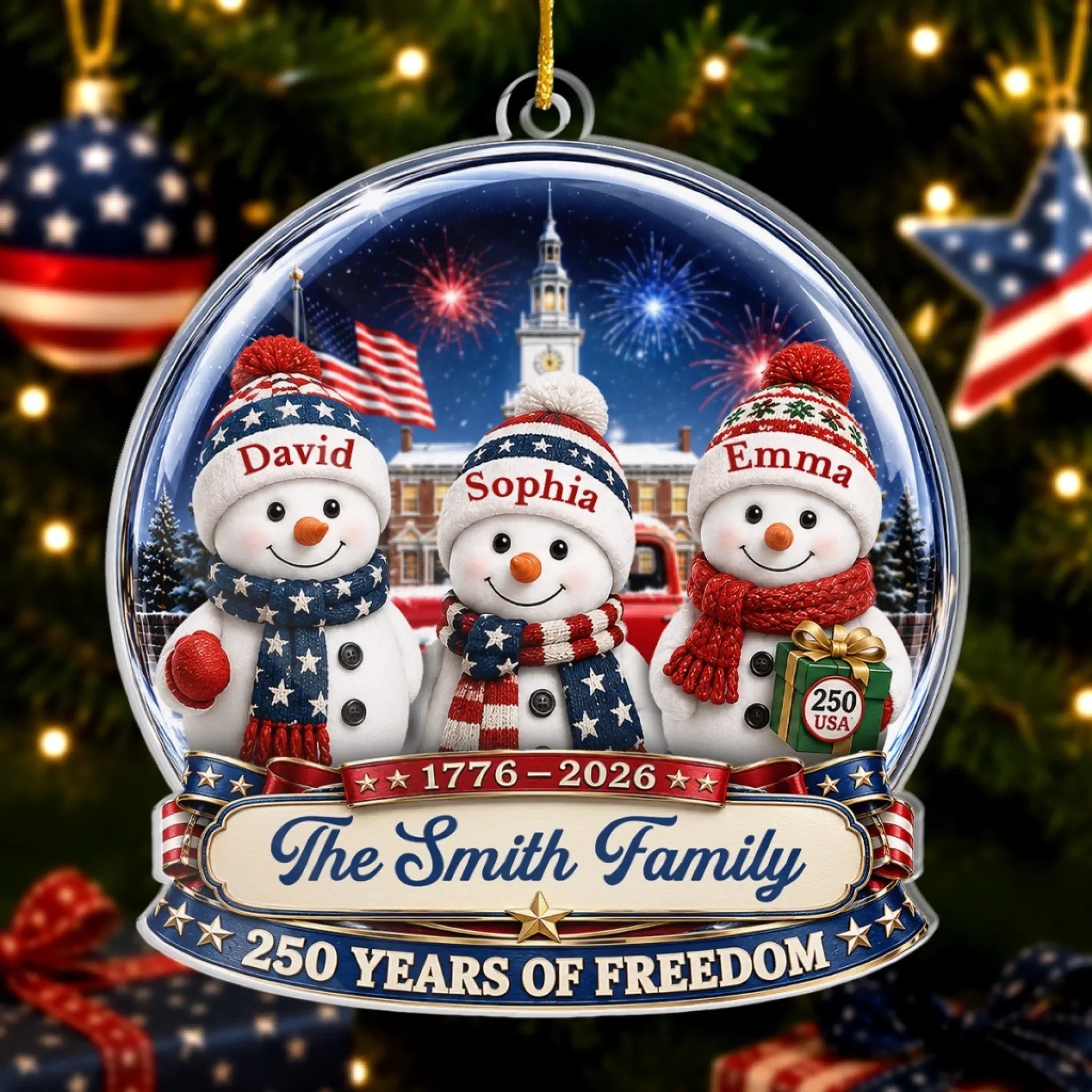 Custom Acrylic Ornament - Personalized America 250th Anniversary Christmas Gifts For Mom, Dad, Brother, Sister - Wrapped In Love Blessed With Freedom