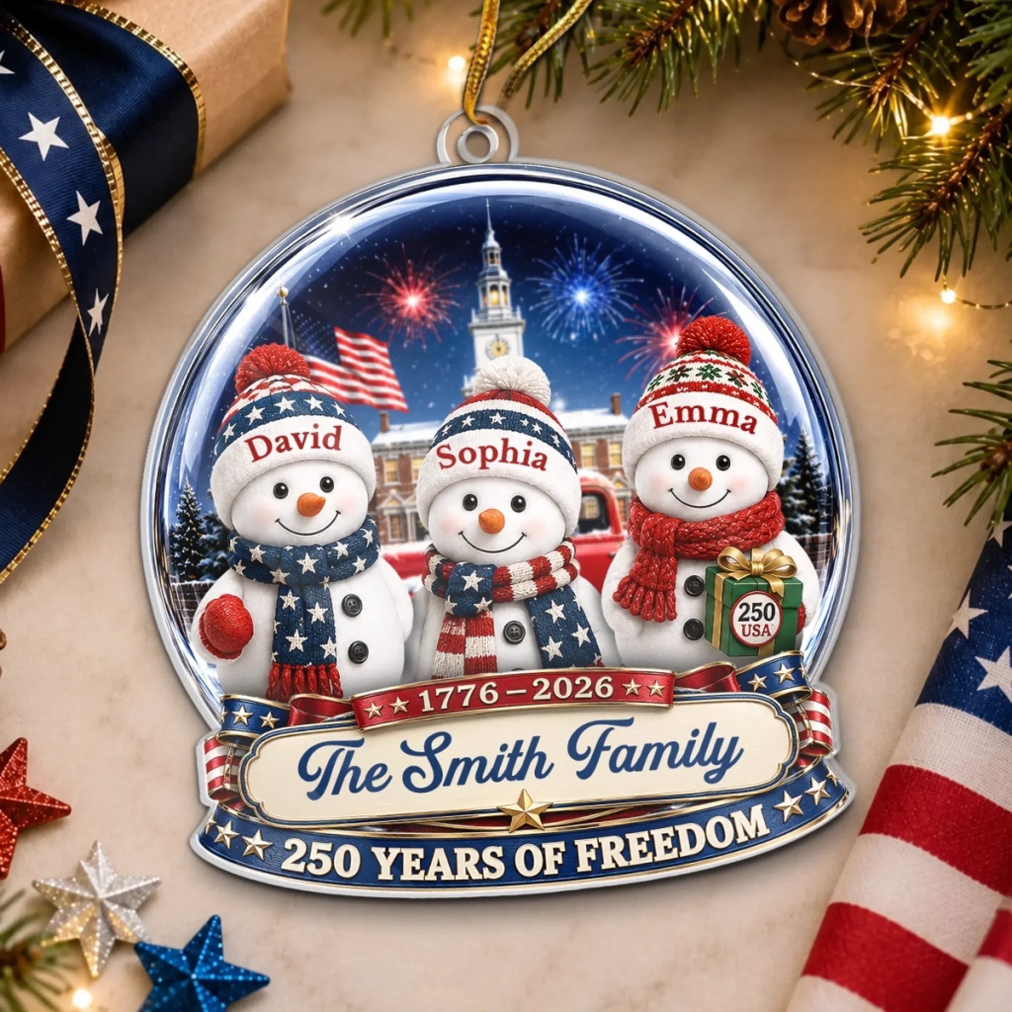 Custom Acrylic Ornament - Personalized America 250th Anniversary Christmas Gifts For Mom, Dad, Brother, Sister - Wrapped In Love Blessed With Freedom