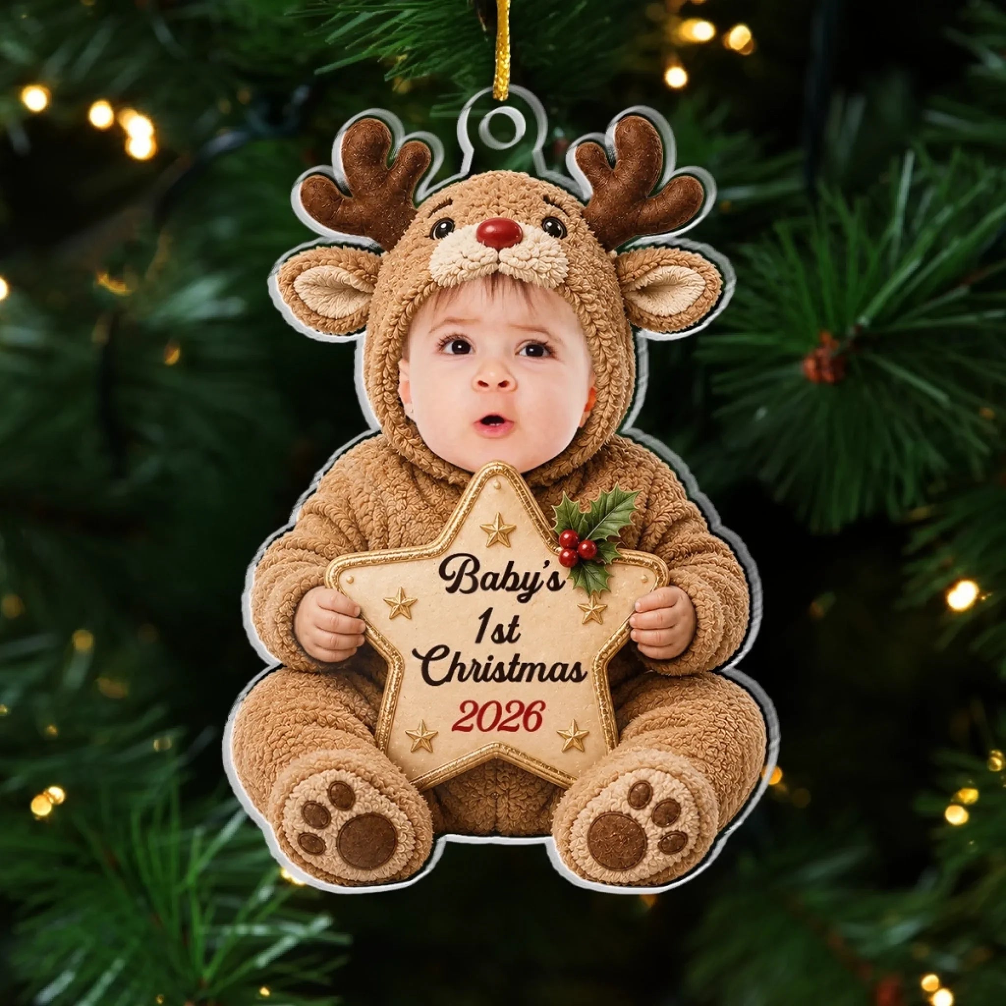 Custom Photo First Christmas Acrylic Ornament - Personalized Christmas Baby Shower, Gender Reveal Gifts For New Moms, New Dads, New Parents - Wrapped In Love On Your First Christmas