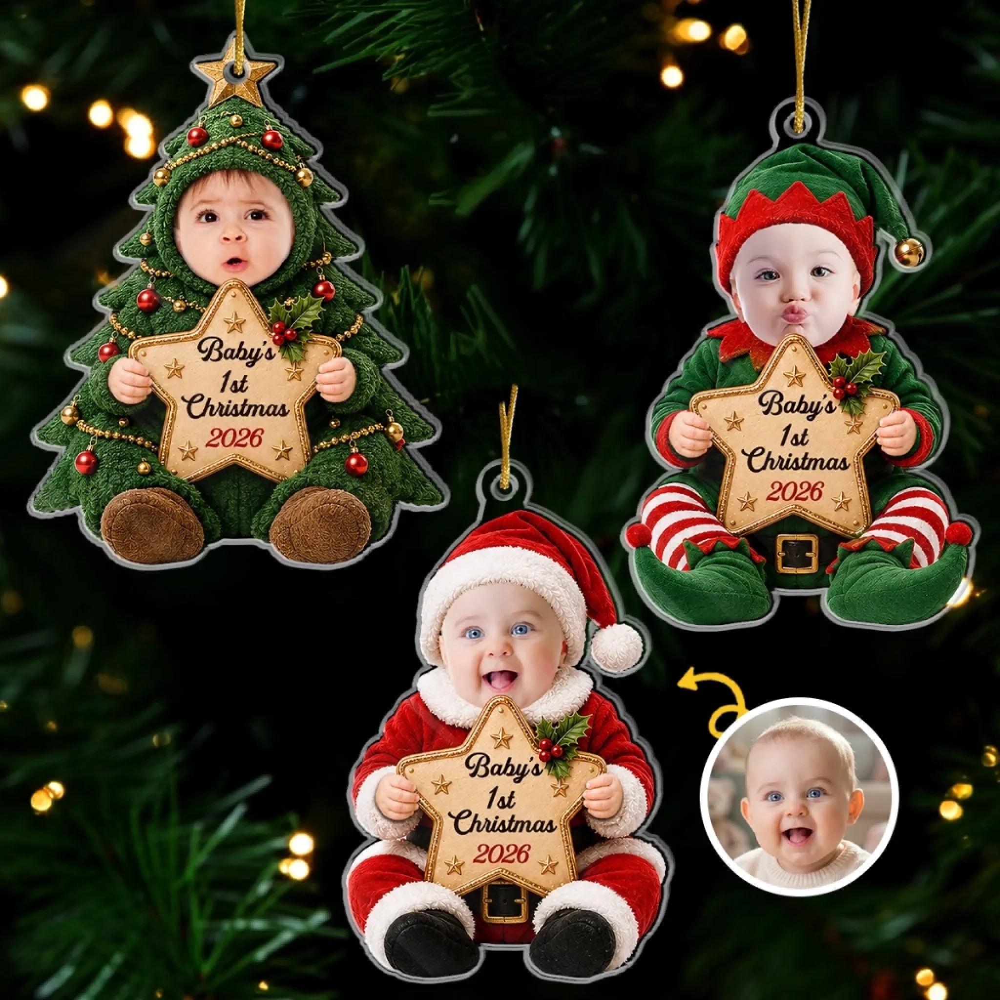 Custom Photo First Christmas Acrylic Ornament - Personalized Christmas Baby Shower, Gender Reveal Gifts For New Moms, New Dads, New Parents - Wrapped In Love On Your First Christmas