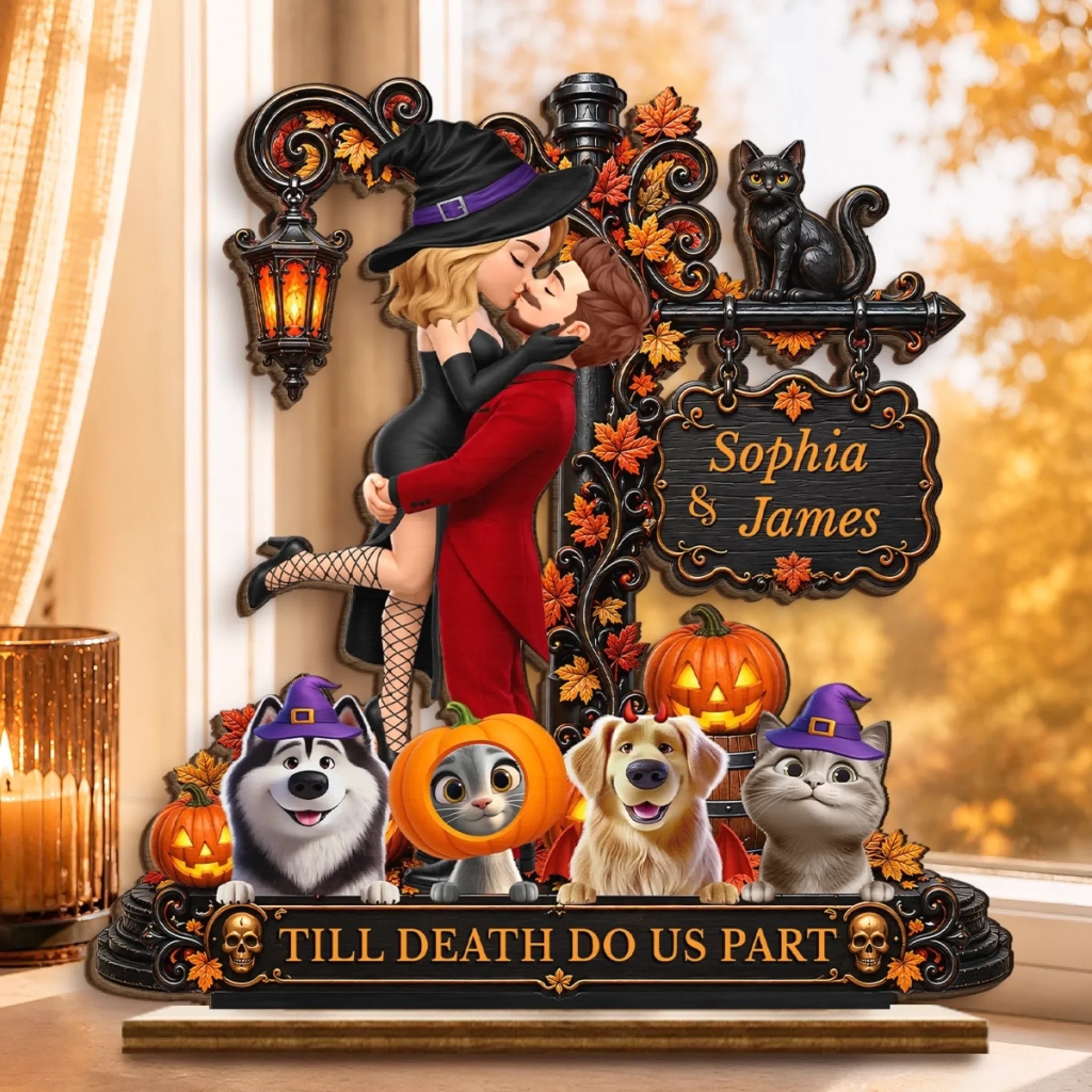Custom 2-Layered Wooden Plaque - Personalized Halloween Decor Anniversary Wedding Gifts For Husband And Wife, Dog Cat Lovers - Spooky Hearts And Paws