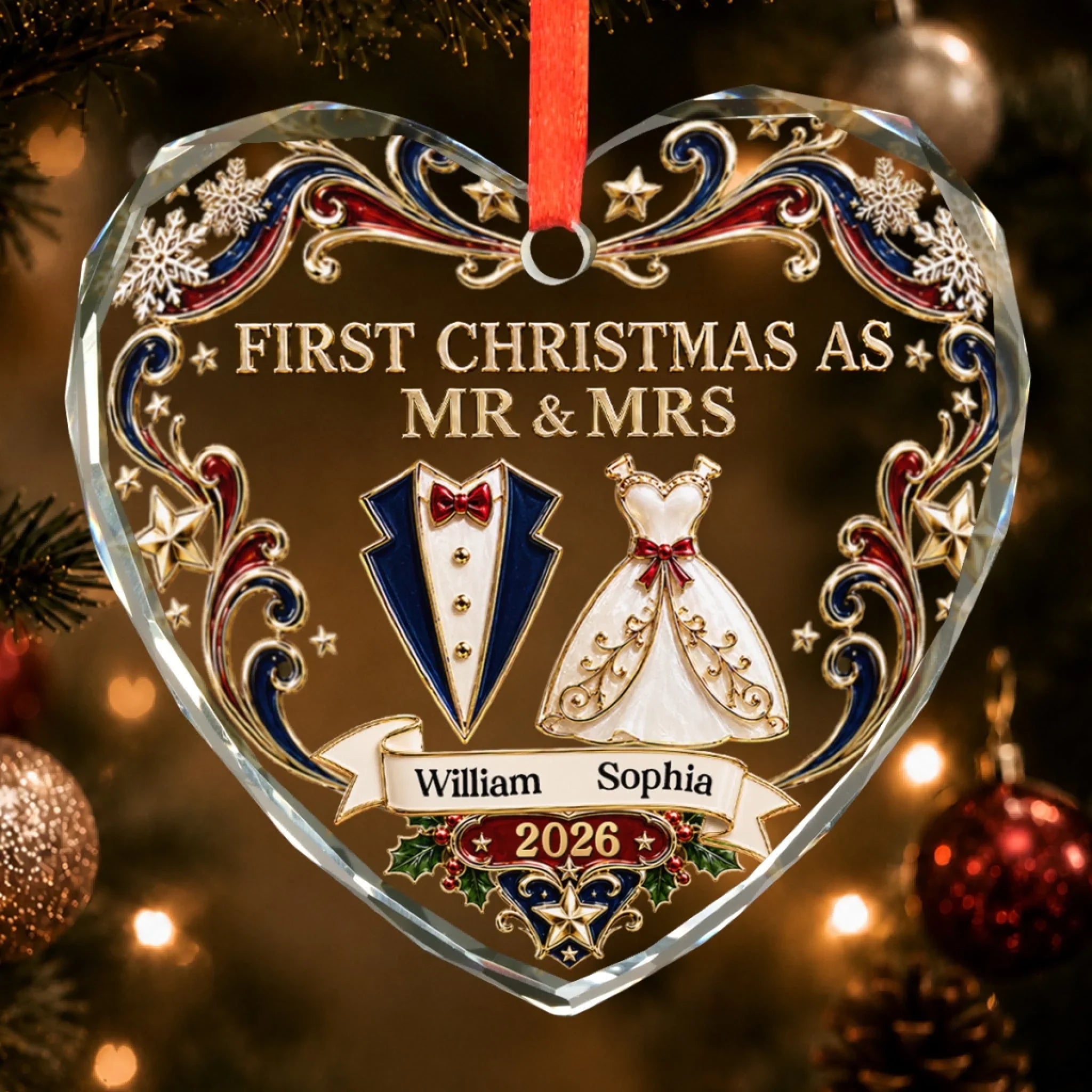 Custom First Christmas Heart Glass Ornament - Personalized Anniversary Christmas Wedding Gifts For Husband And Wife, Him And Her - Gather Love Celebrate