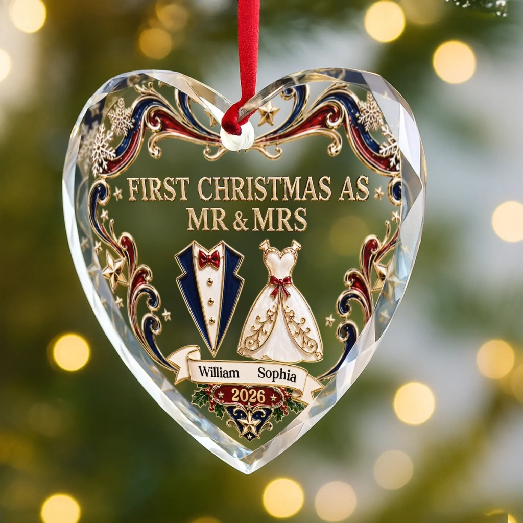 Custom First Christmas Heart Glass Ornament - Personalized Anniversary Christmas Wedding Gifts For Husband And Wife, Him And Her - Gather Love Celebrate
