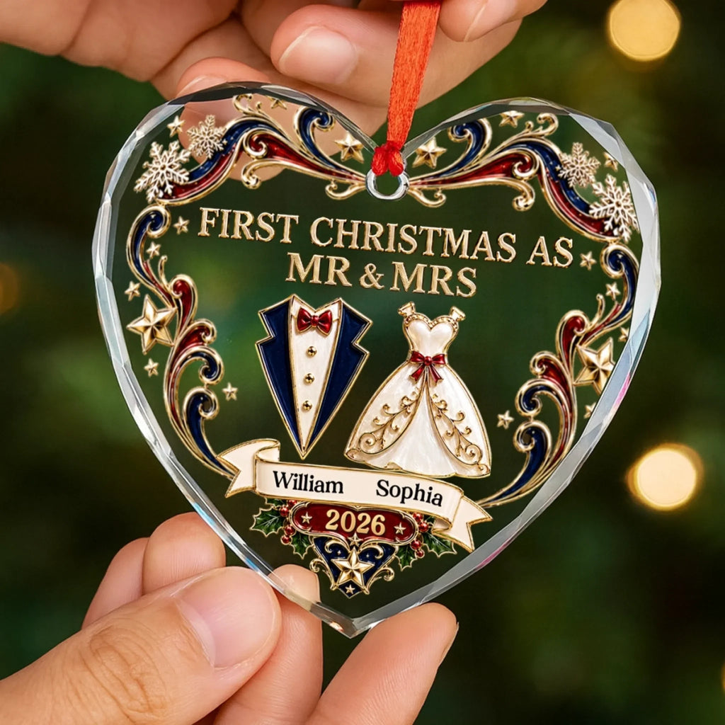 Custom First Christmas Heart Glass Ornament - Personalized Anniversary Christmas Wedding Gifts For Husband And Wife, Him And Her - Gather Love Celebrate