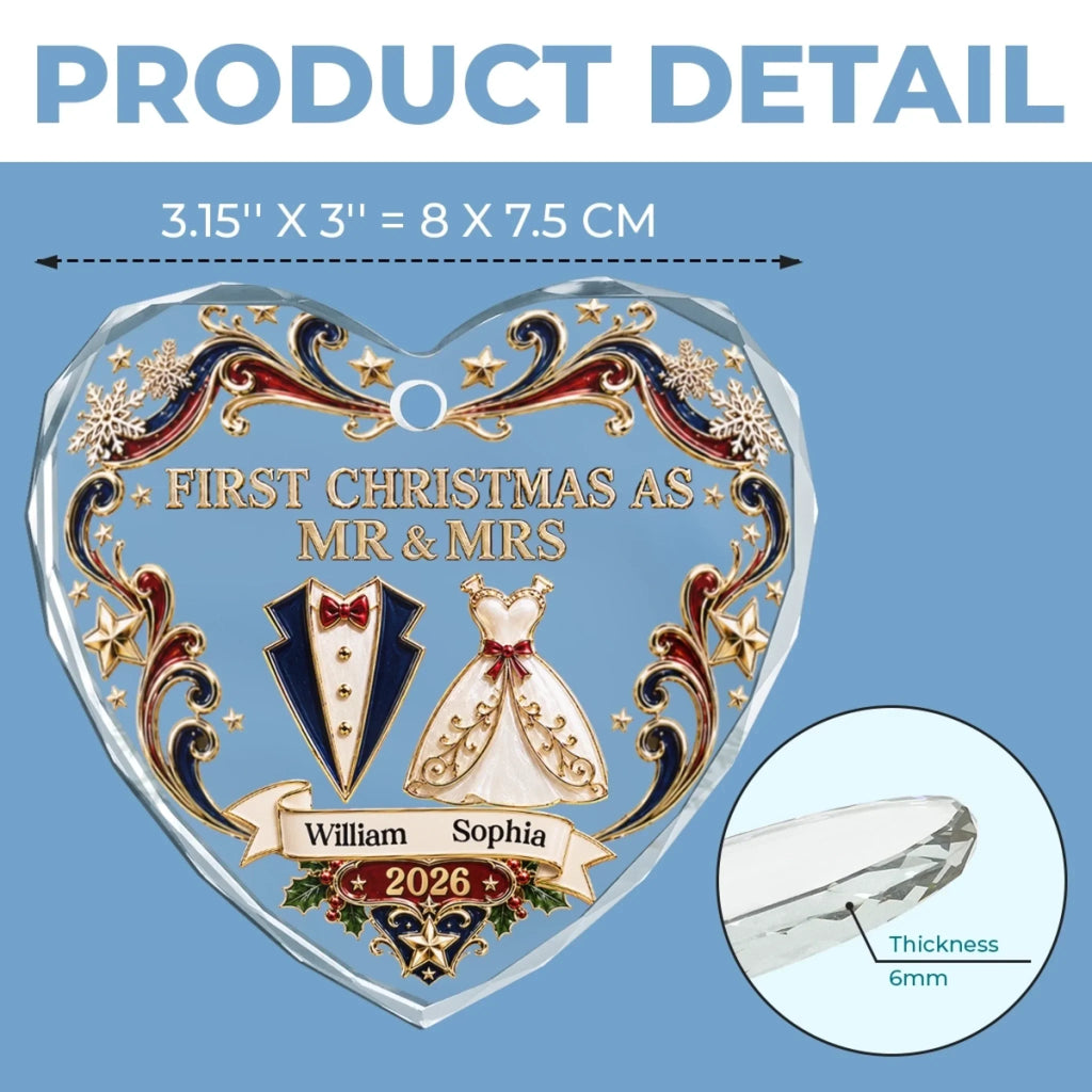 Custom First Christmas Heart Glass Ornament - Personalized Anniversary Christmas Wedding Gifts For Husband And Wife, Him And Her - Gather Love Celebrate