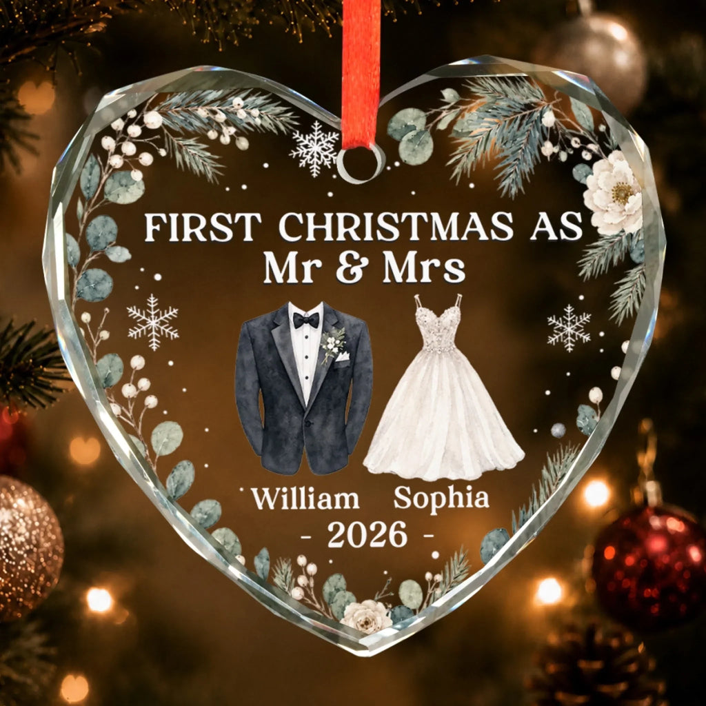 Custom First Christmas Heart Glass Ornament - Personalized Anniversary Christmas Wedding Gifts For Husband And Wife, Him And Her - Cherished Christmas Moments
