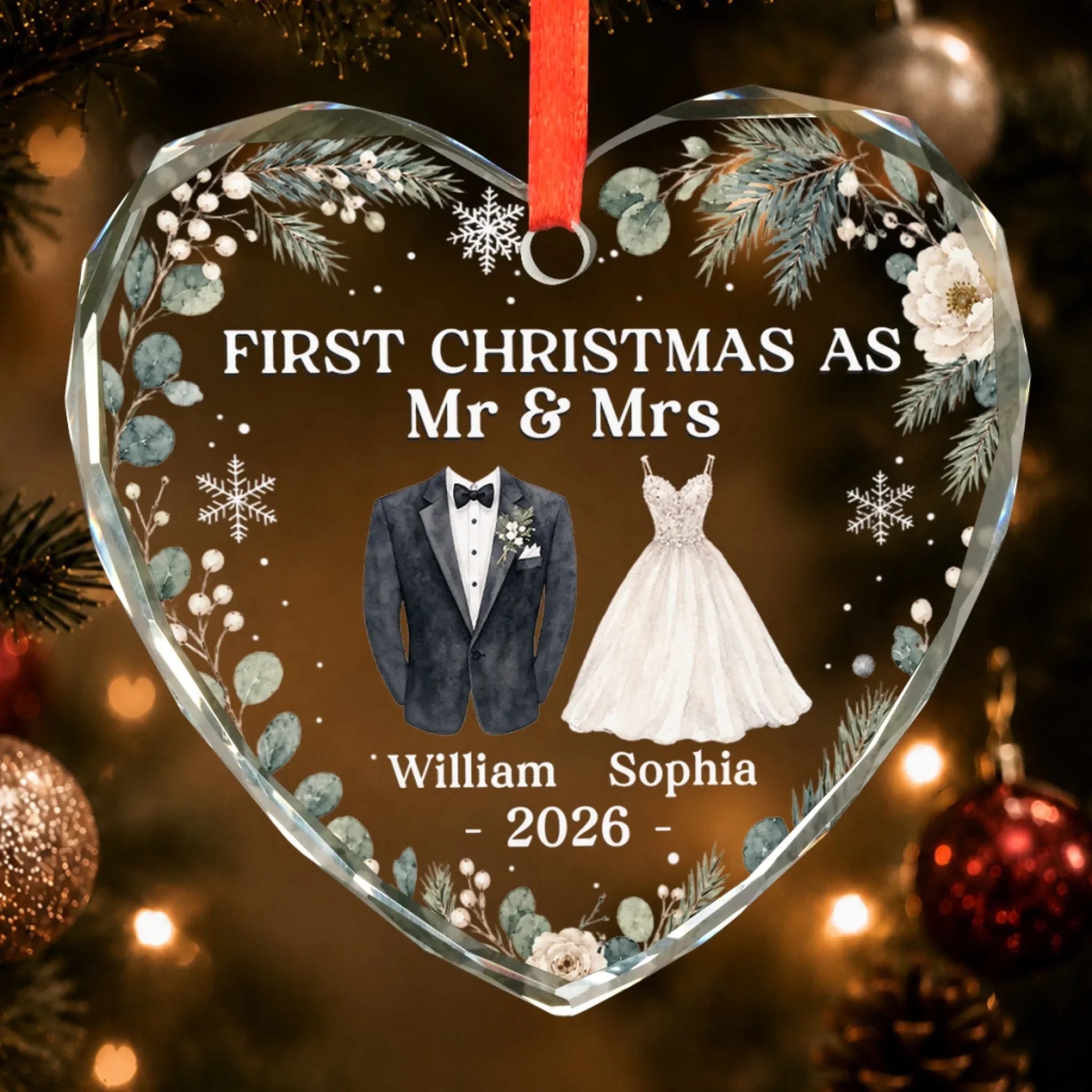Custom First Christmas Heart Glass Ornament - Personalized Anniversary Christmas Wedding Gifts For Husband And Wife, Him And Her - Cherished Christmas Moments