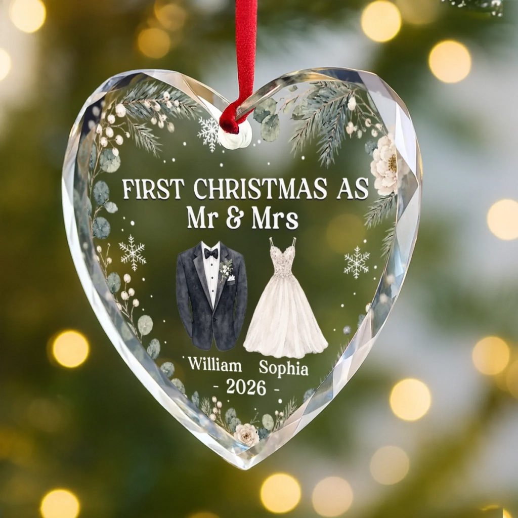 Custom First Christmas Heart Glass Ornament - Personalized Anniversary Christmas Wedding Gifts For Husband And Wife, Him And Her - Cherished Christmas Moments