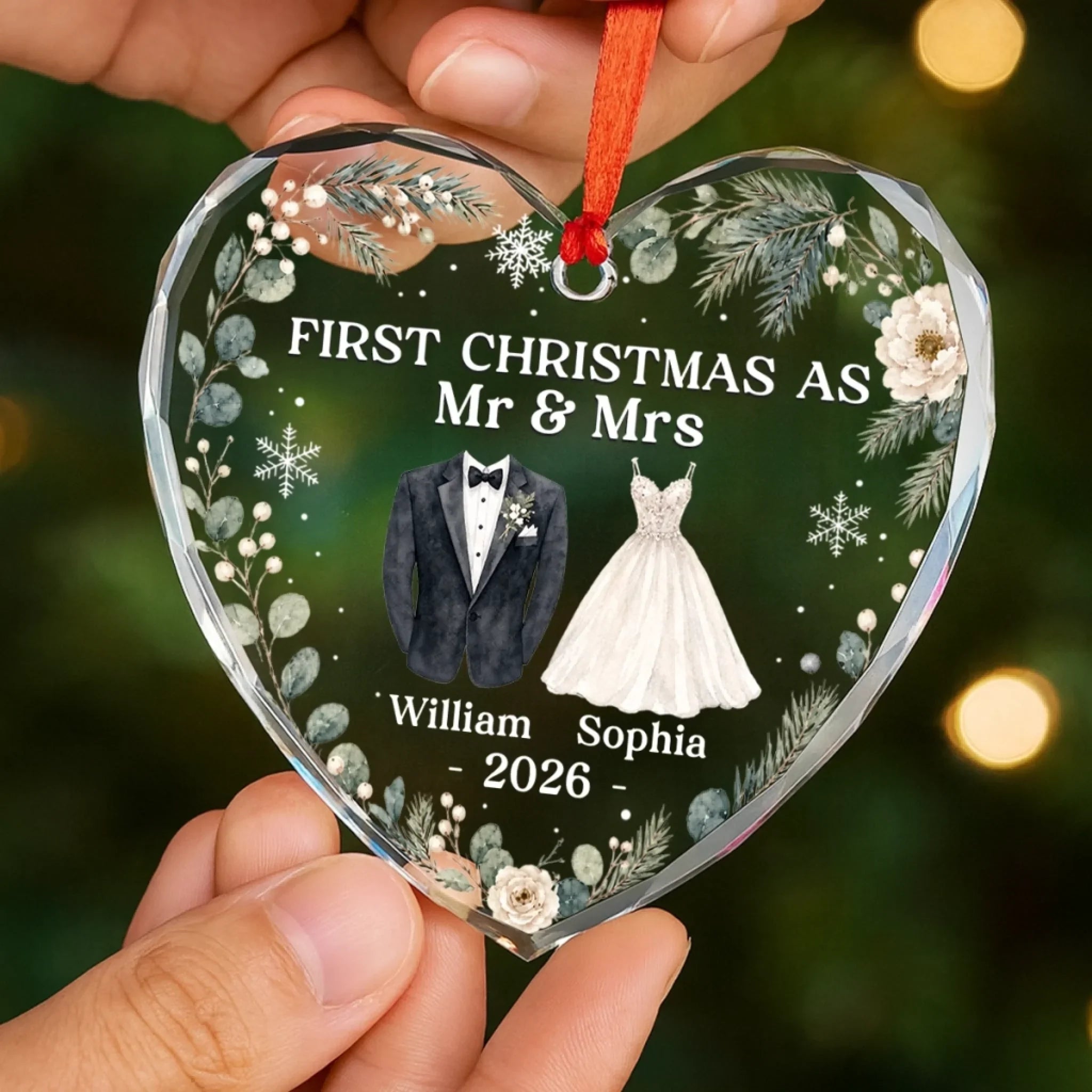 Custom First Christmas Heart Glass Ornament - Personalized Anniversary Christmas Wedding Gifts For Husband And Wife, Him And Her - Cherished Christmas Moments