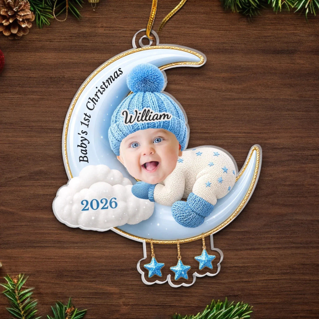 Custom Photo First Christmas Acrylic Ornament - Personalized Christmas Baby Shower, Gender Reveal Gifts For New Moms, New Dads, New Parents - Love You To The Moon And Back