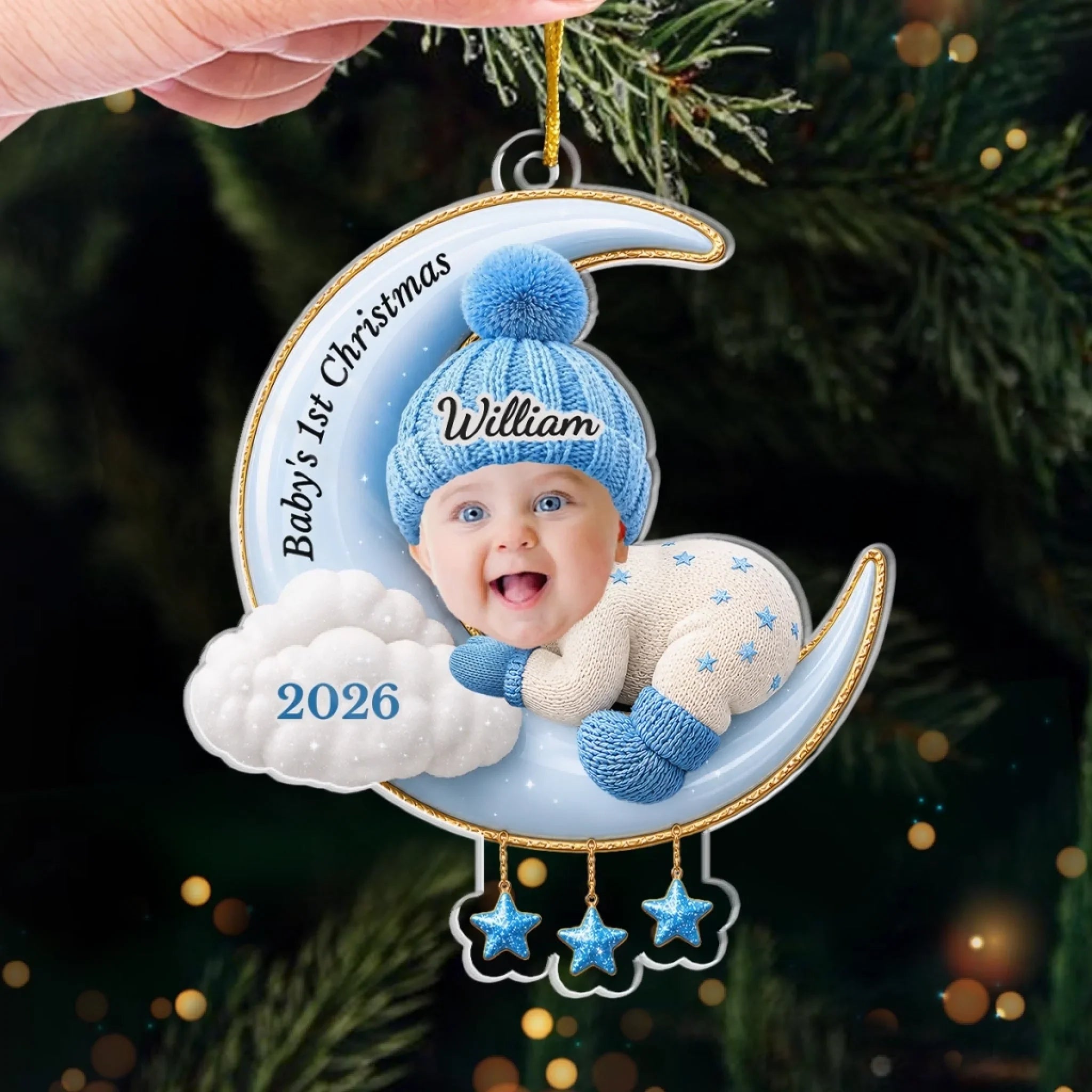 Custom Photo First Christmas Acrylic Ornament - Personalized Christmas Baby Shower, Gender Reveal Gifts For New Moms, New Dads, New Parents - Love You To The Moon And Back