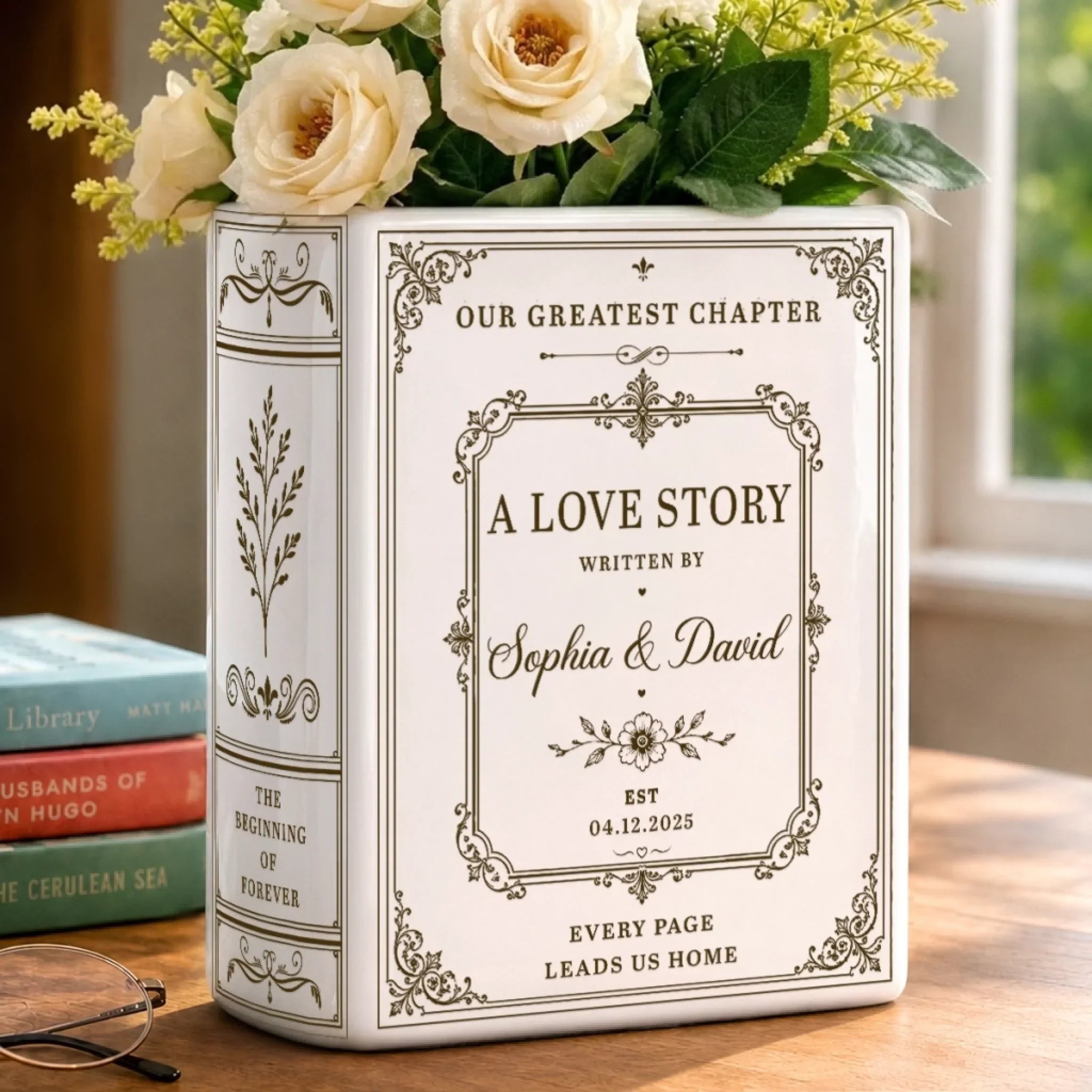Custom Book Vase - Personalized Anniversary Wedding Gifts For Husband And Wife, Him And Her - Every Page Leads Us Home