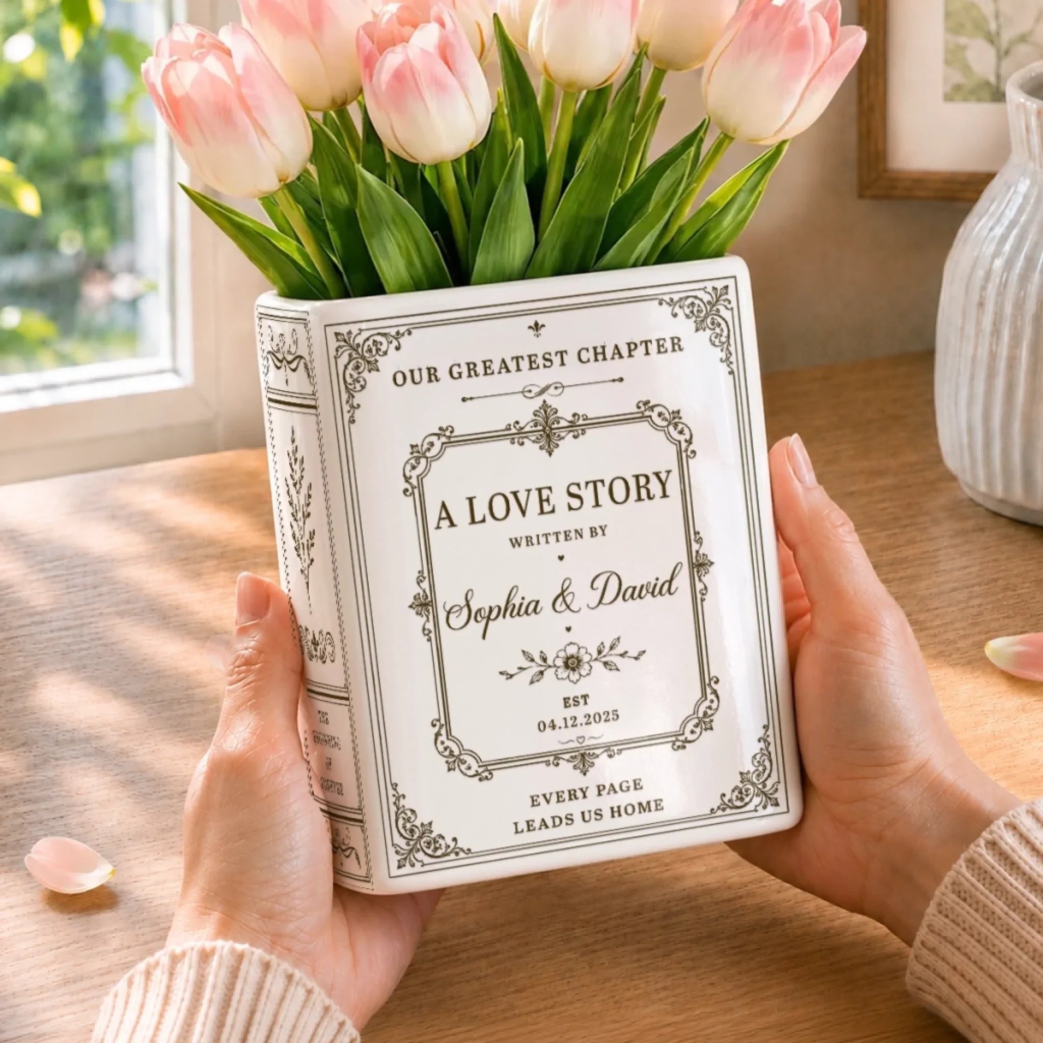 Custom Book Vase - Personalized Anniversary Wedding Gifts For Husband And Wife, Him And Her - Every Page Leads Us Home