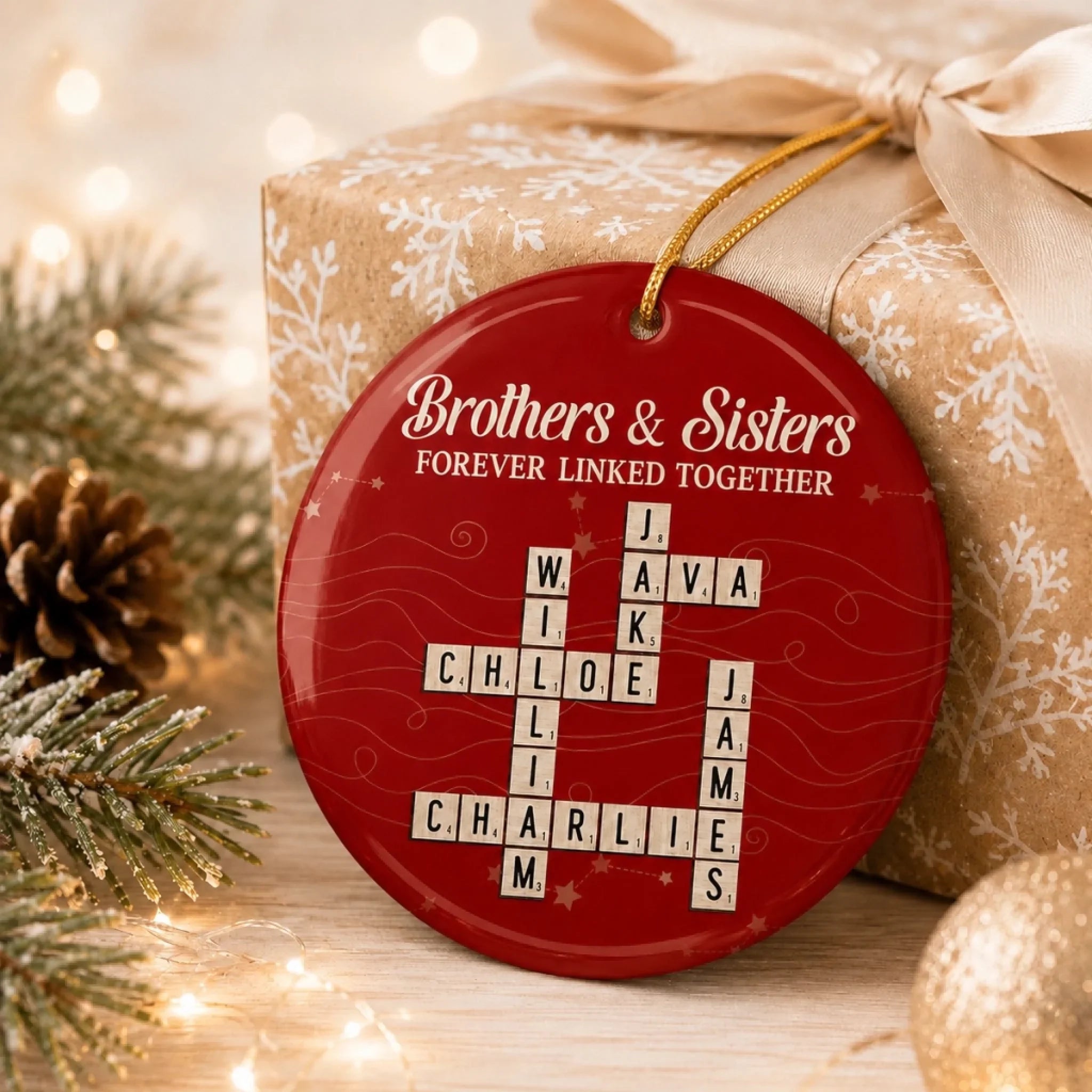 Custom Scrabble Ceramic Ornament - Personalized Christmas Birthday Gifts For Brother, Sister - Our First Friends, Our Forever Family