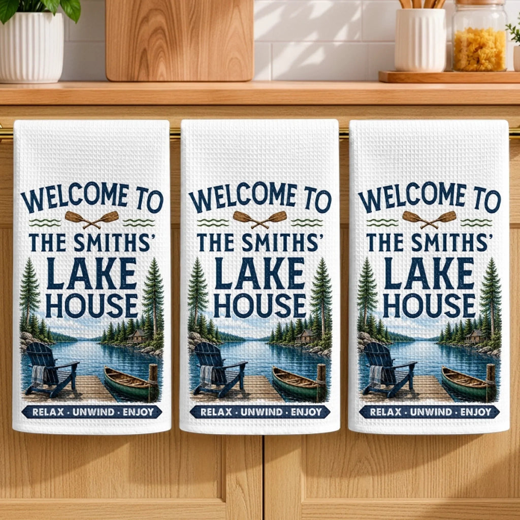 Custom Lake House Kitchen Towel - Personalized Summer Vacation And Travel Gifts For Mom, Dad, Brother, Sister - Life Is Better Lakeside
