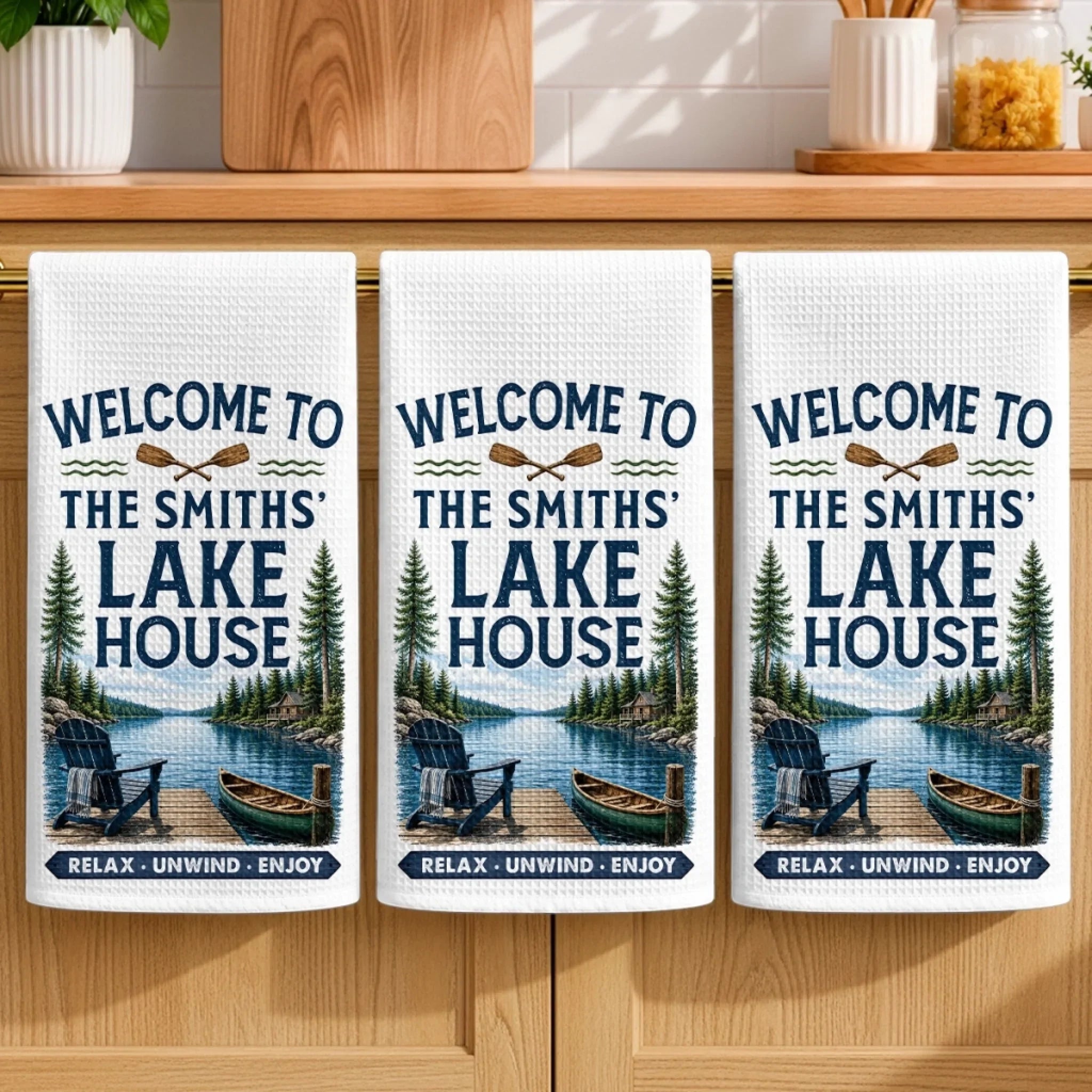 Custom Lake House Kitchen Towel - Personalized Summer Vacation And Travel Gifts For Mom, Dad, Brother, Sister - Life Is Better Lakeside