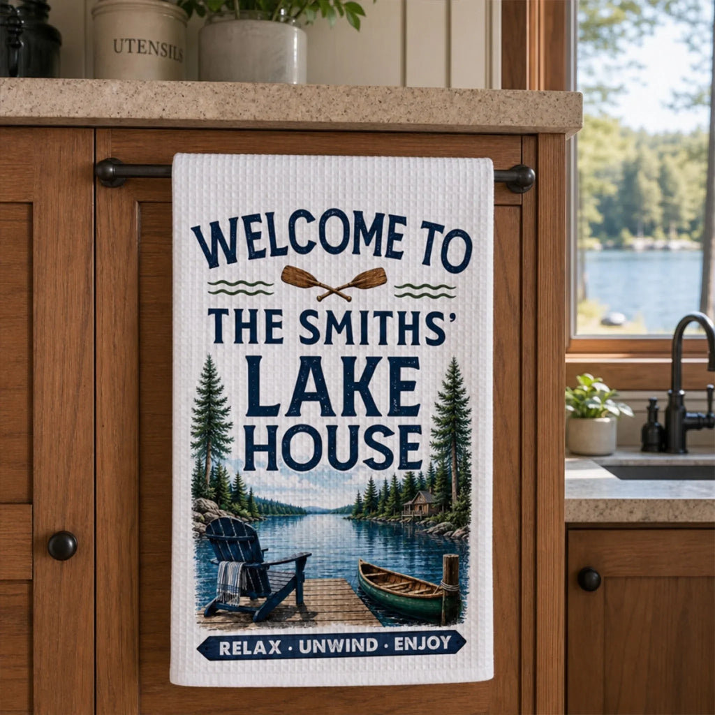 Custom Lake House Kitchen Towel - Personalized Summer Vacation And Travel Gifts For Mom, Dad, Brother, Sister - Life Is Better Lakeside