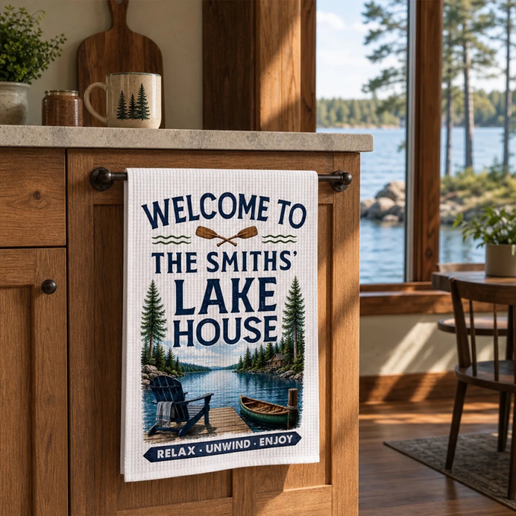Custom Lake House Kitchen Towel - Personalized Summer Vacation And Travel Gifts For Mom, Dad, Brother, Sister - Life Is Better Lakeside