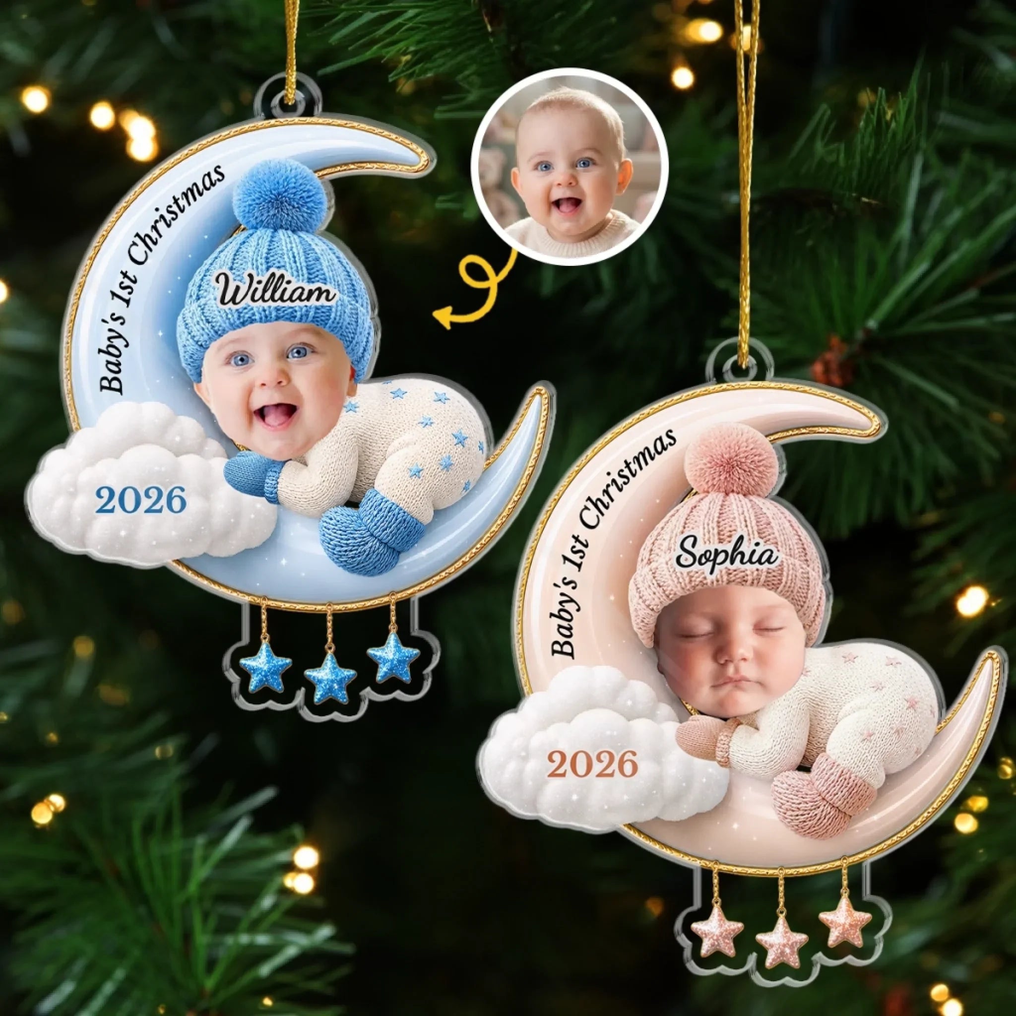 Custom Photo First Christmas Acrylic Ornament - Personalized Christmas Baby Shower, Gender Reveal Gifts For New Moms, New Dads, New Parents - Love You To The Moon And Back