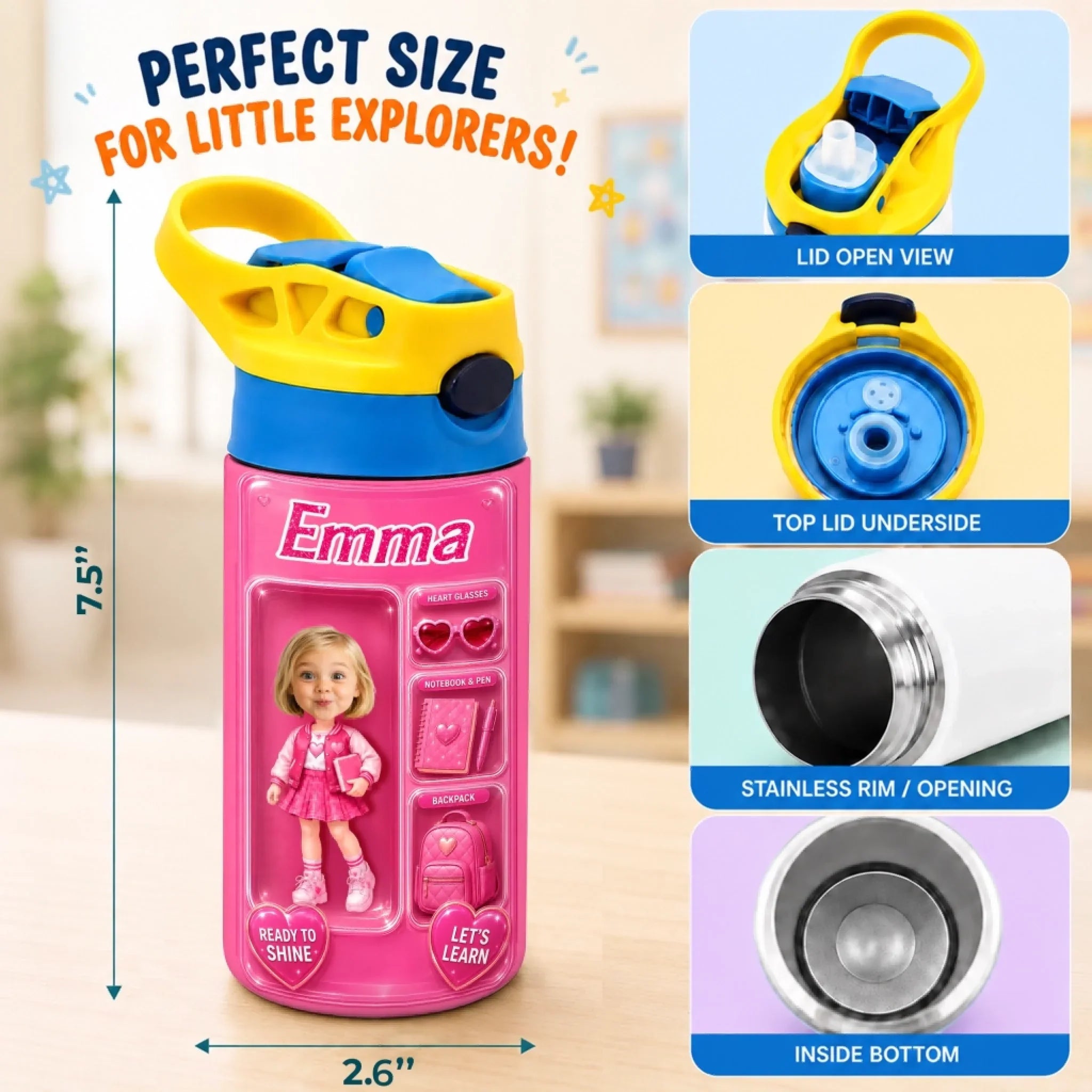 Custom Photo Kids Insulated Water Bottle - Personalized Back To School Gifts For Kids - Little Adventure Awaits