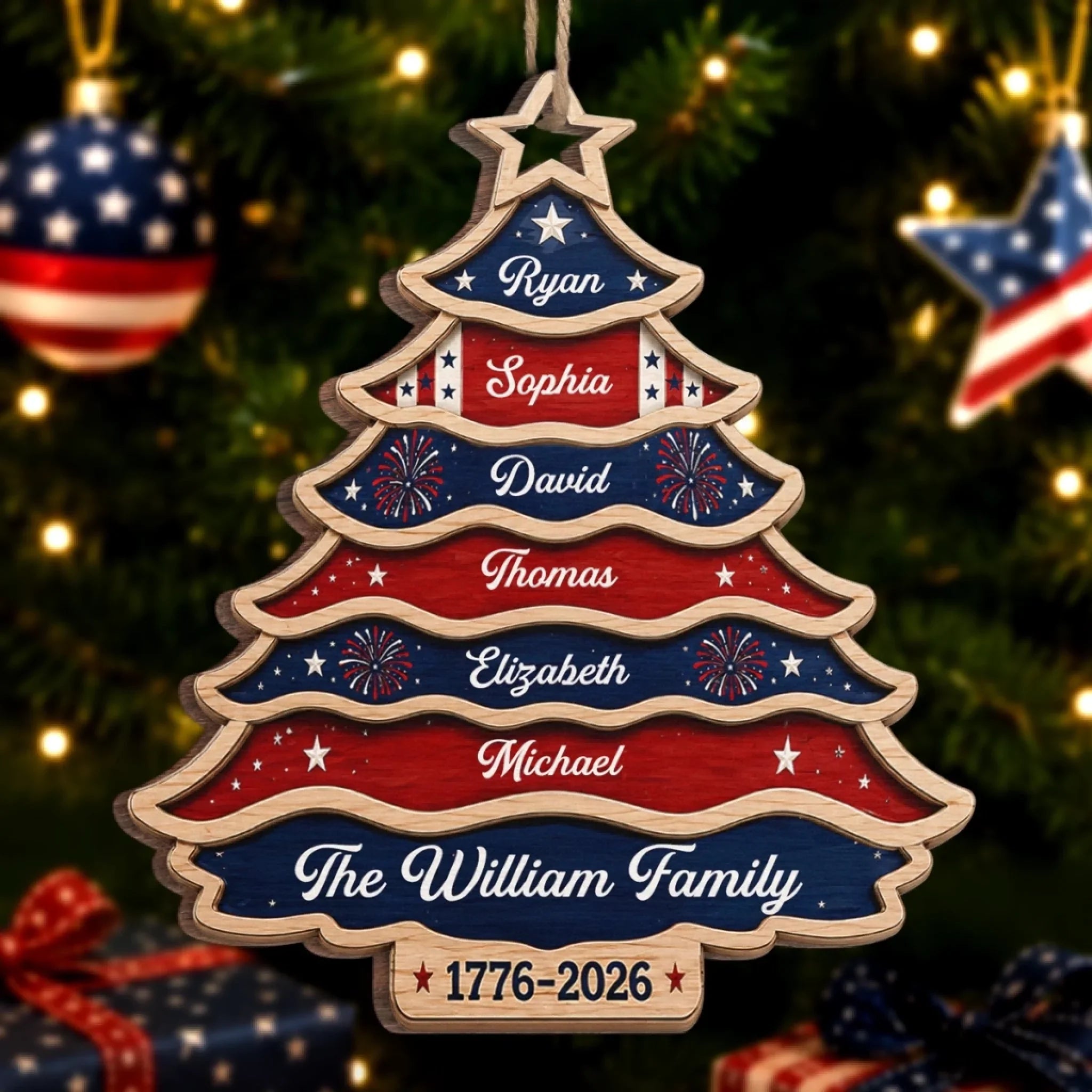 Custom Wooden Ornament - Personalized America 250th Anniversary Christmas Gifts For Mom, Dad, Brother, Sister - United Like Branches Rooted In Pride