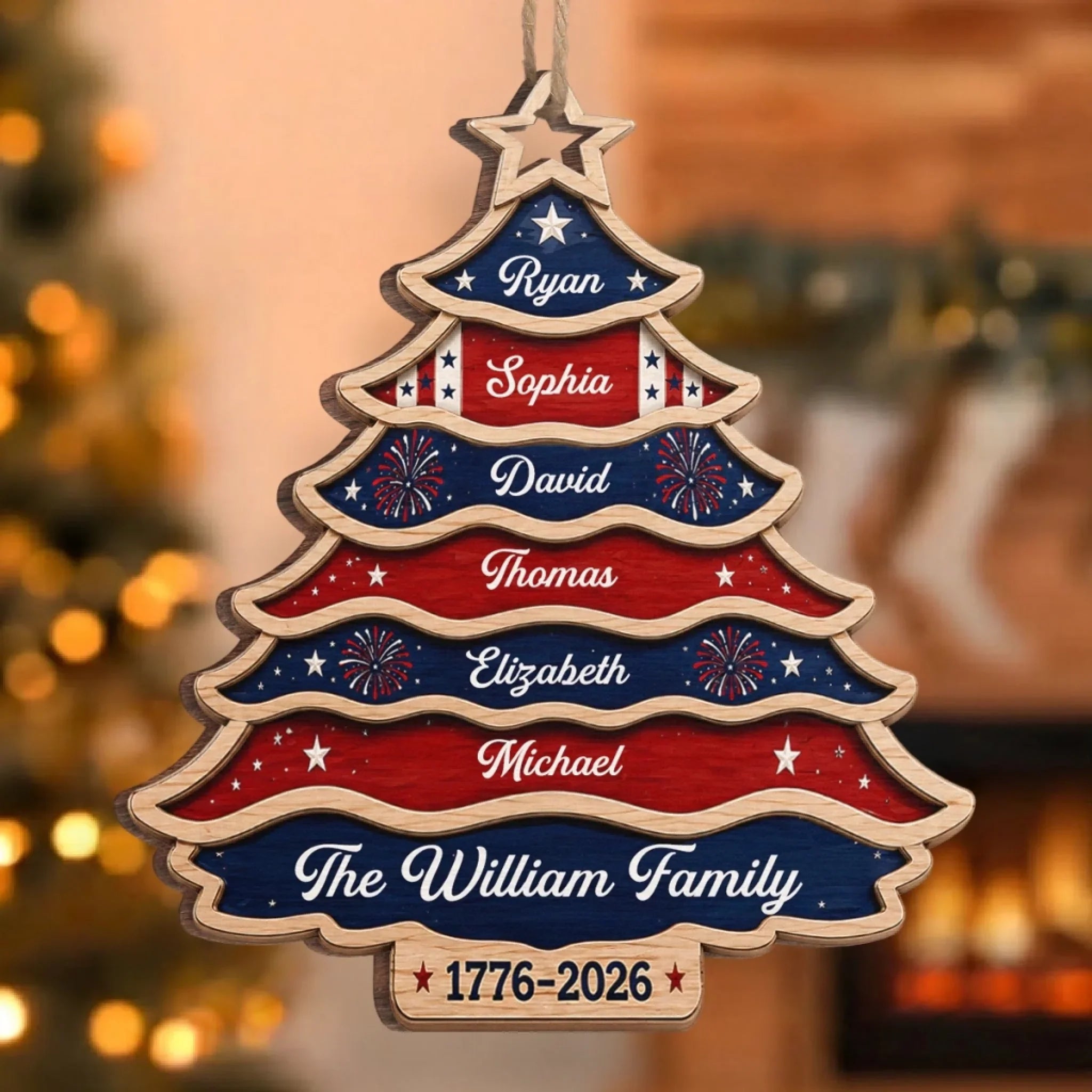 Custom Wooden Ornament - Personalized America 250th Anniversary Christmas Gifts For Mom, Dad, Brother, Sister - United Like Branches Rooted In Pride