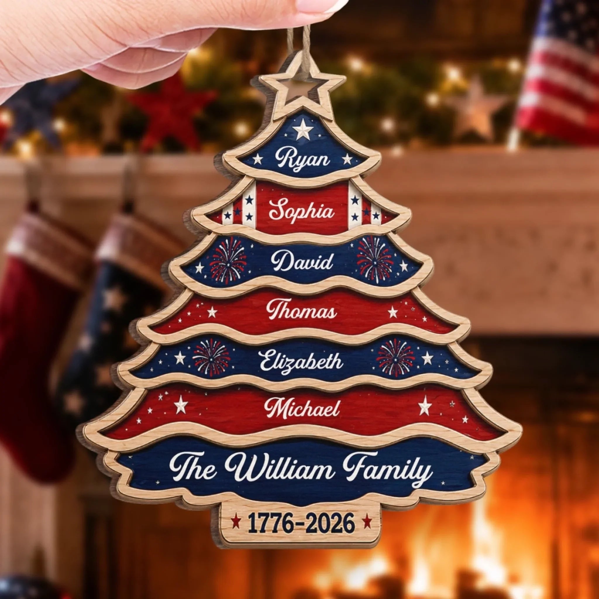 Custom Wooden Ornament - Personalized America 250th Anniversary Christmas Gifts For Mom, Dad, Brother, Sister - United Like Branches Rooted In Pride