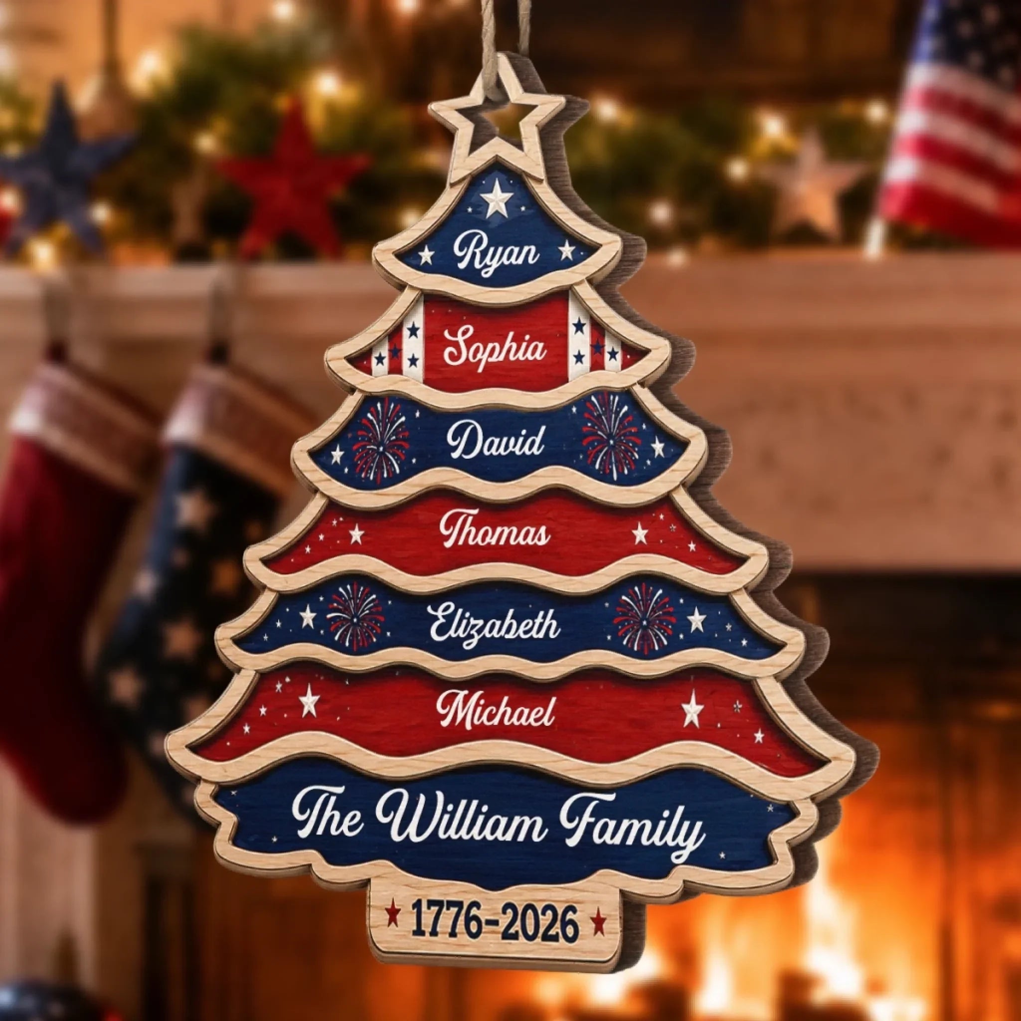 Custom Wooden Ornament - Personalized America 250th Anniversary Christmas Gifts For Mom, Dad, Brother, Sister - United Like Branches Rooted In Pride