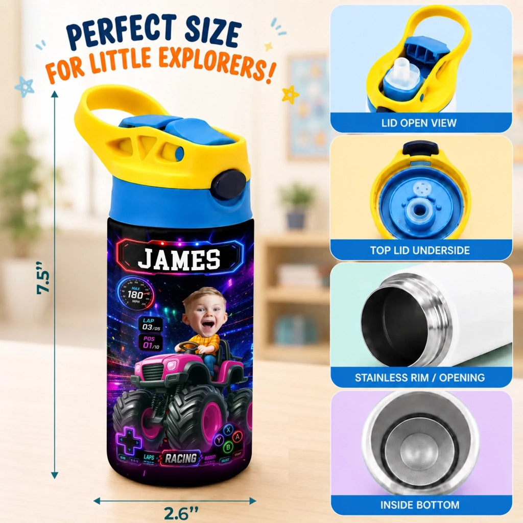 Custom Photo Kids Insulated Water Bottle - Personalized Back To School Gifts For Kids - Full Speed Ahead Big Energy