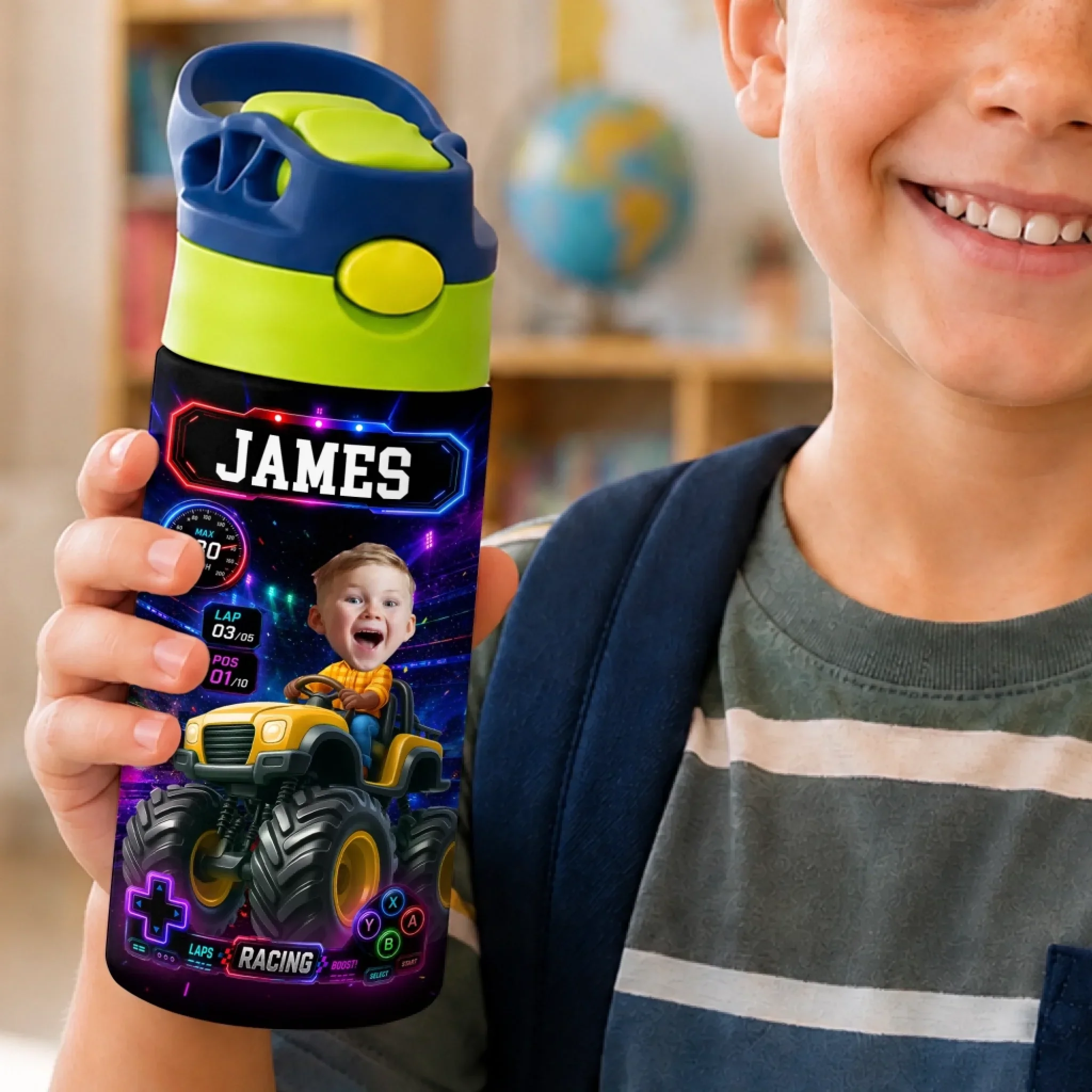 Custom Photo Kids Insulated Water Bottle - Personalized Back To School Gifts For Kids - Full Speed Ahead Big Energy