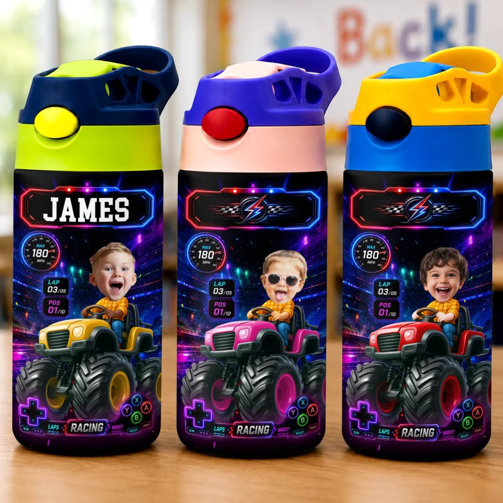 Custom Photo Kids Insulated Water Bottle - Personalized Back To School Gifts For Kids - Full Speed Ahead Big Energy
