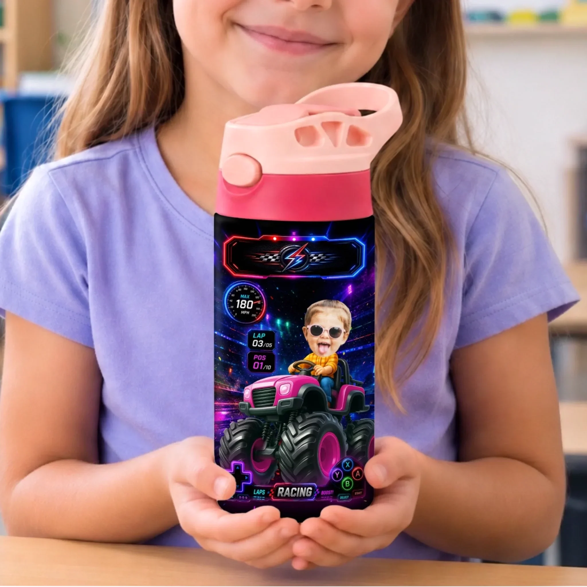 Custom Photo Kids Insulated Water Bottle - Personalized Back To School Gifts For Kids - Full Speed Ahead Big Energy