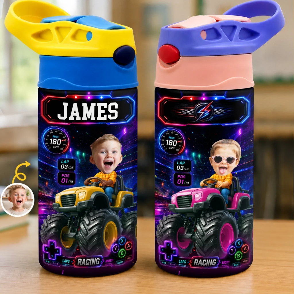 Custom Photo Kids Insulated Water Bottle - Personalized Back To School Gifts For Kids - Full Speed Ahead Big Energy