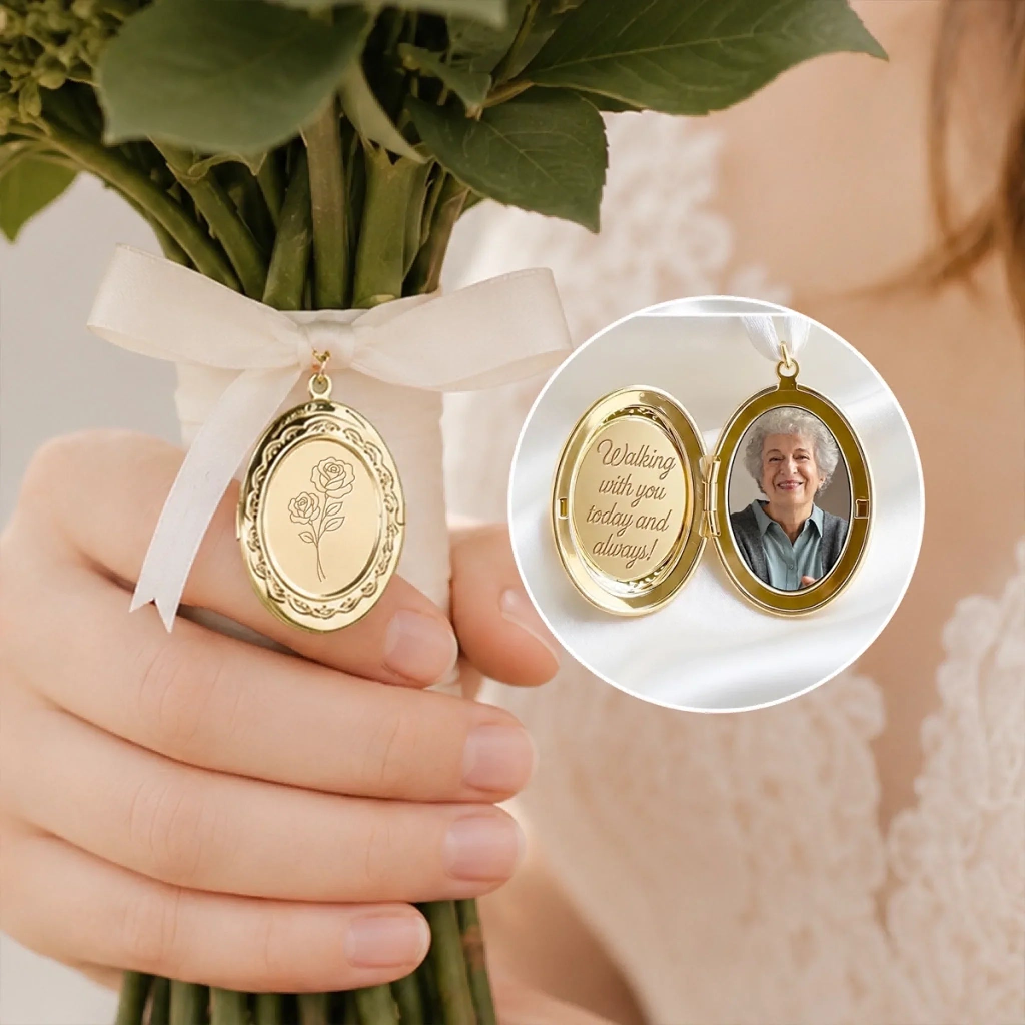 Custom Photo Locket Bouquet Charm – Personalized Memorial Sympathy Gifts For Brides - Walk Down The Aisle Together