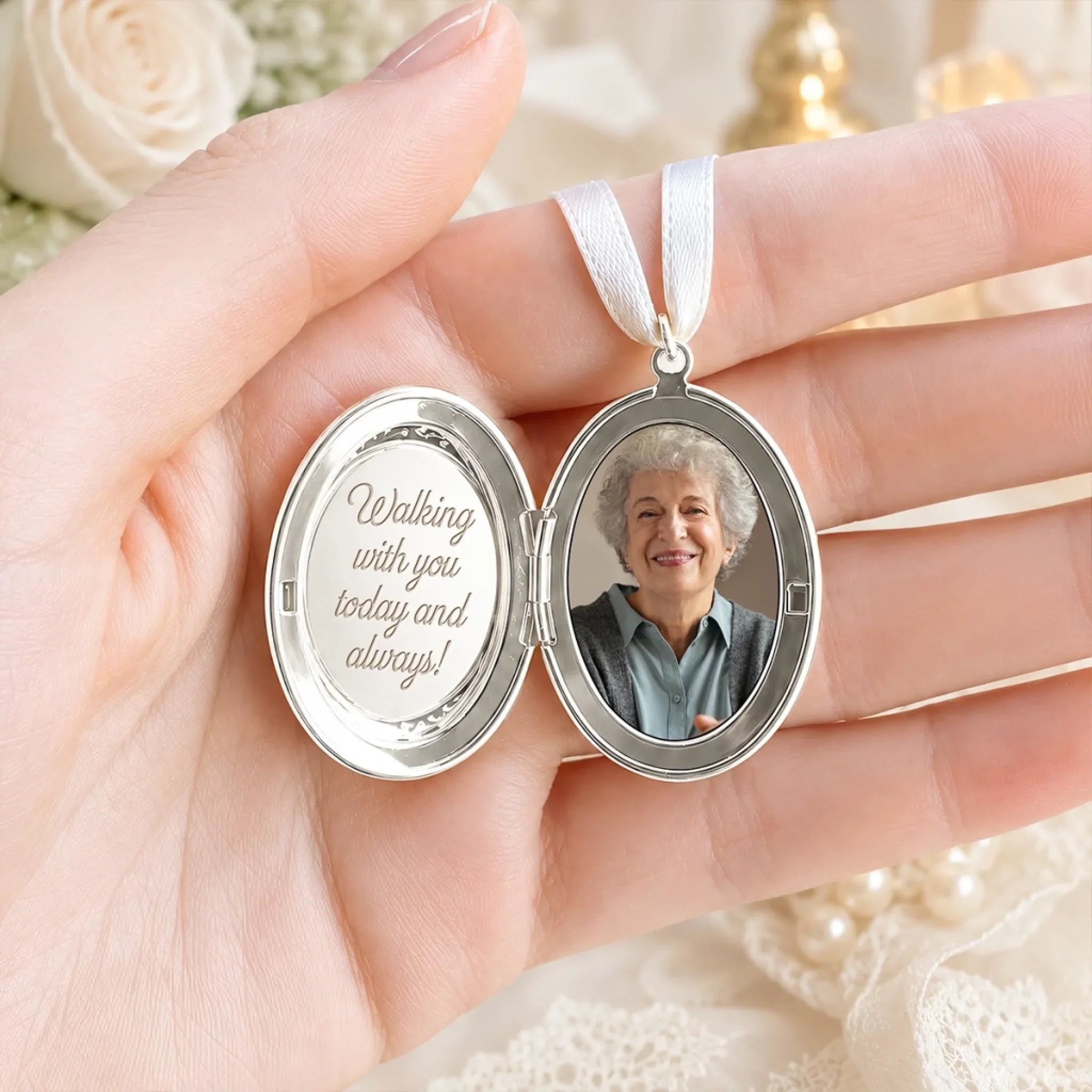 Custom Photo Locket Bouquet Charm – Personalized Memorial Sympathy Gifts For Brides - Walk Down The Aisle Together