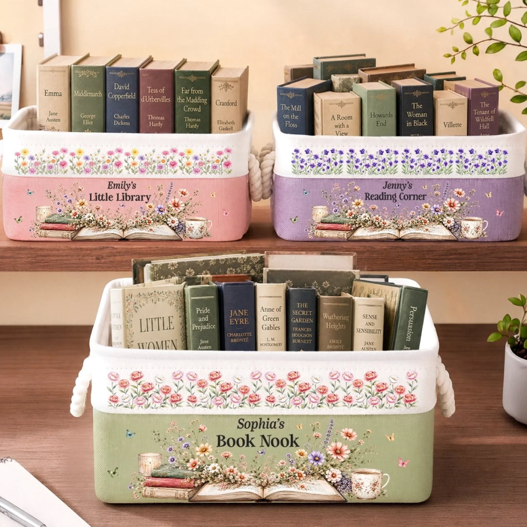 Custom Storage Basket - Personalized Bookish Gifts For Book Lovers, Bookworms, Readers - Happiness Is A Full Bookshelf