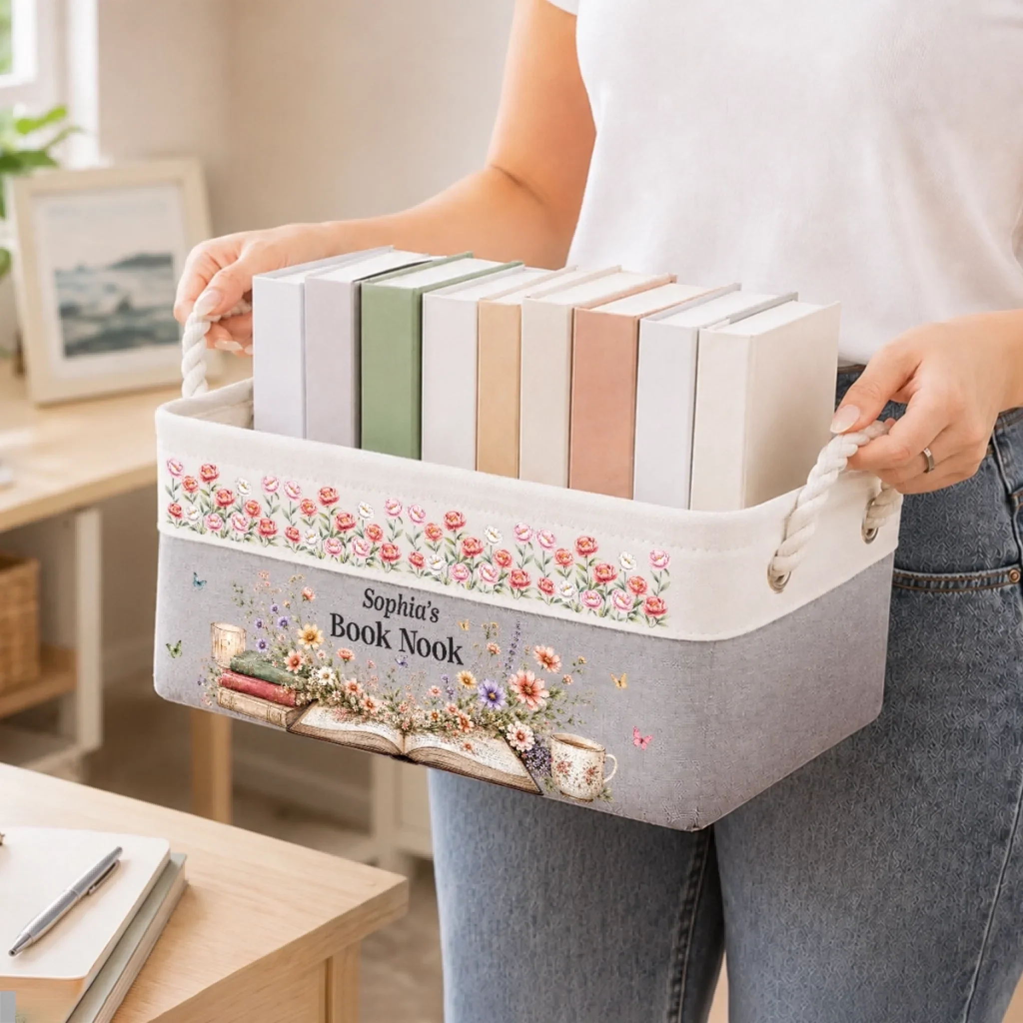 Custom Storage Basket - Personalized Bookish Gifts For Book Lovers, Bookworms, Readers - Happiness Is A Full Bookshelf