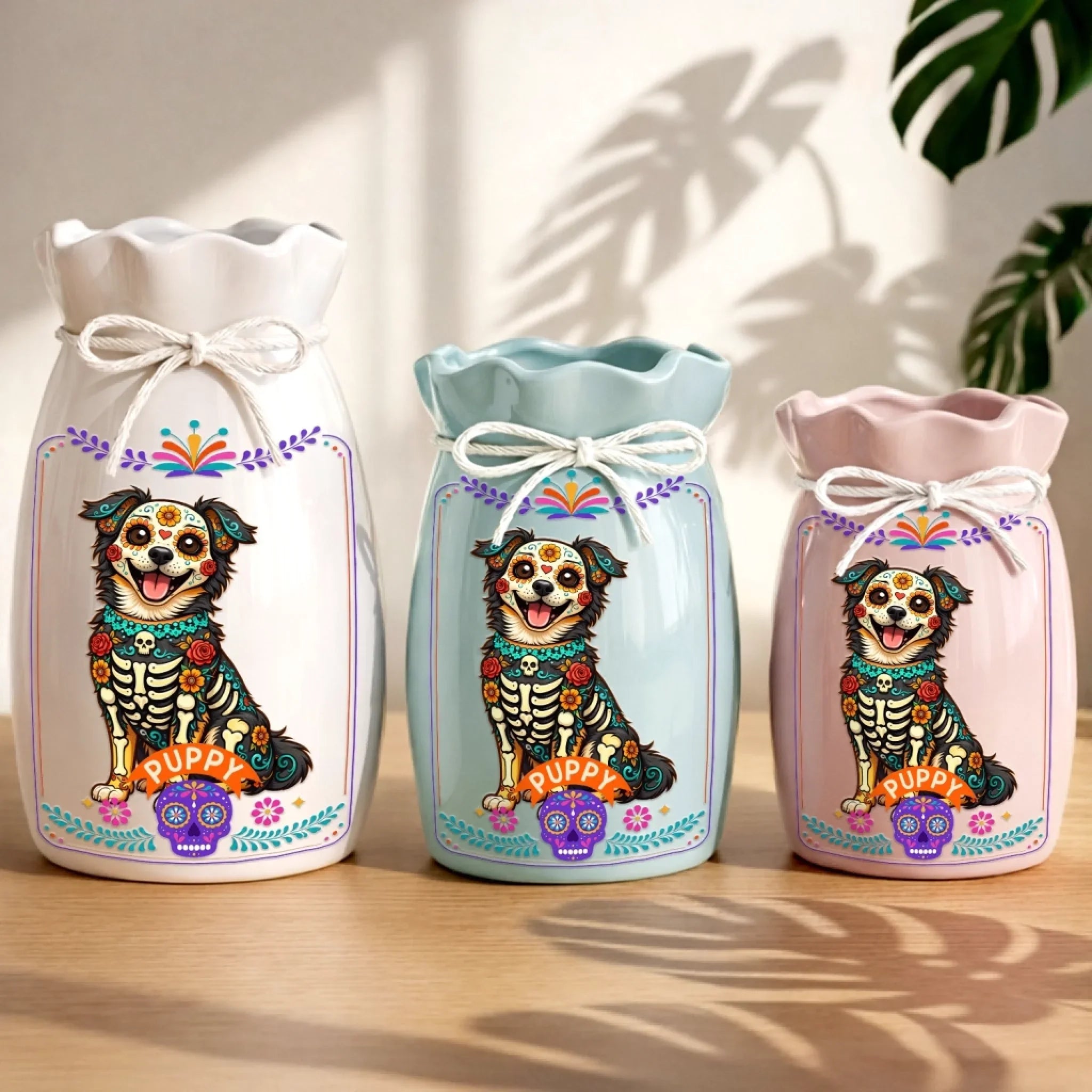 Custom Photo Day Of The Dead Flower Vase With Ribbon - Personalized Pet Memorial Sympathy Gifts For Dogs, Cats - Your Light Will Never Fade
