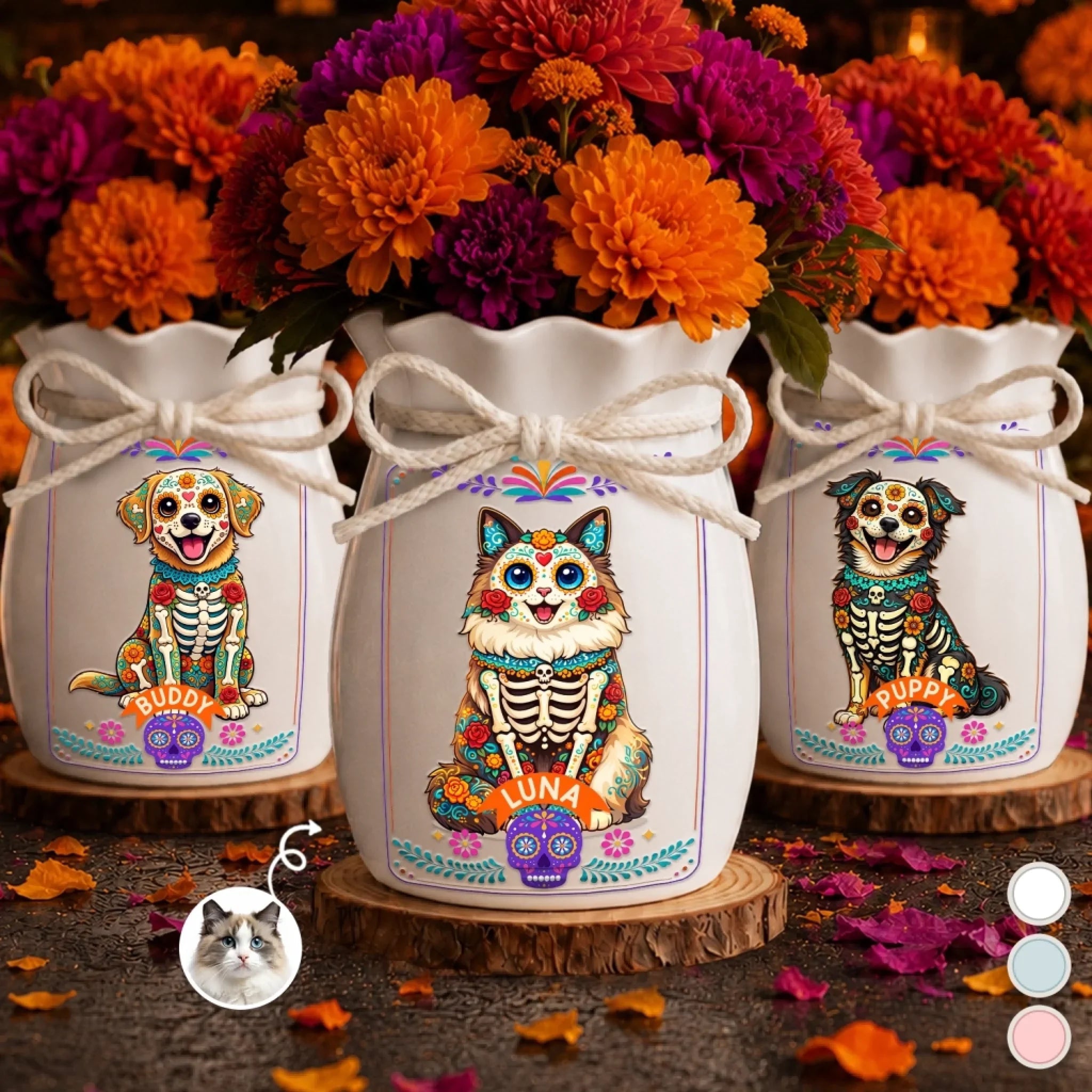 Custom Photo Day Of The Dead Flower Vase With Ribbon - Personalized Pet Memorial Sympathy Gifts For Dogs, Cats - Your Light Will Never Fade
