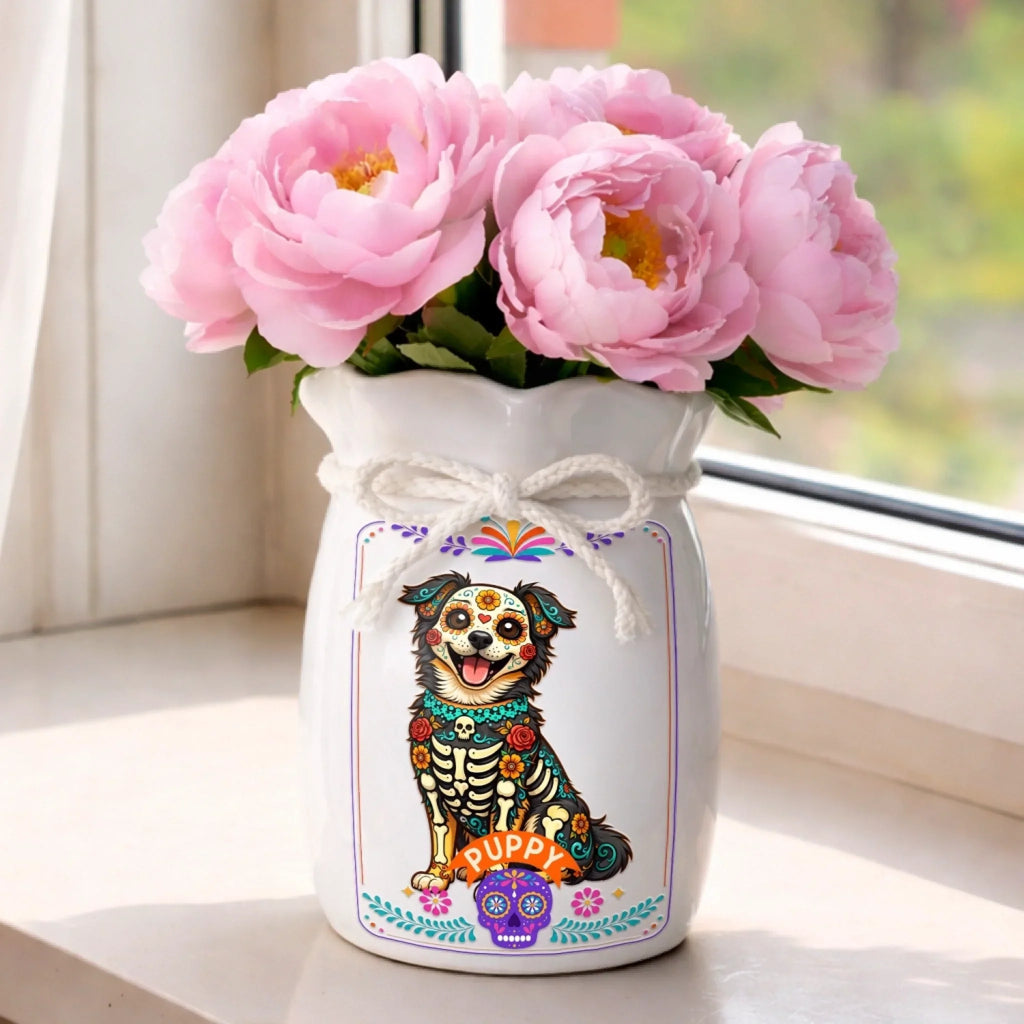 Custom Photo Day Of The Dead Flower Vase With Ribbon - Personalized Pet Memorial Sympathy Gifts For Dogs, Cats - Your Light Will Never Fade